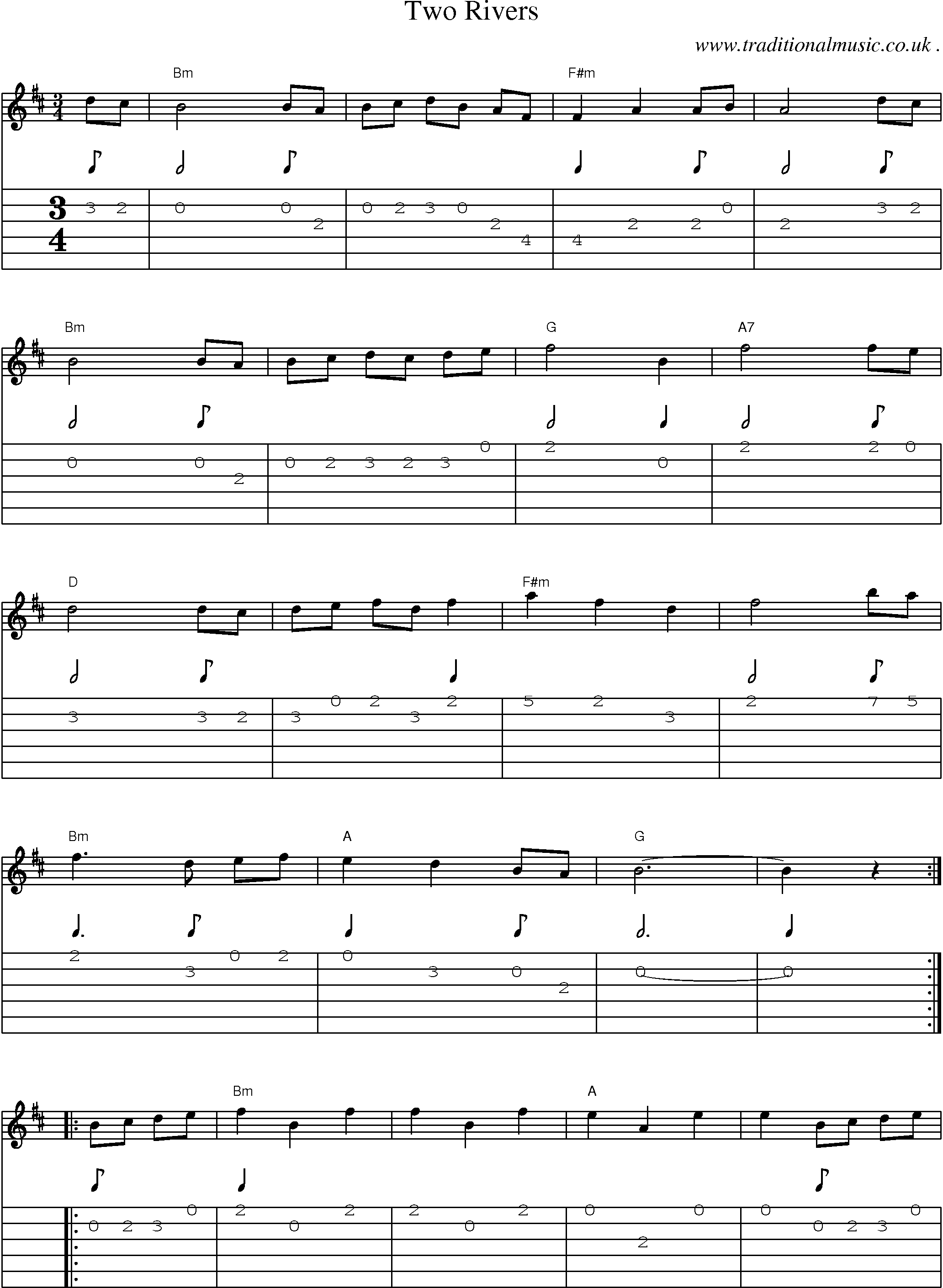 Music Score and Guitar Tabs for Two Rivers