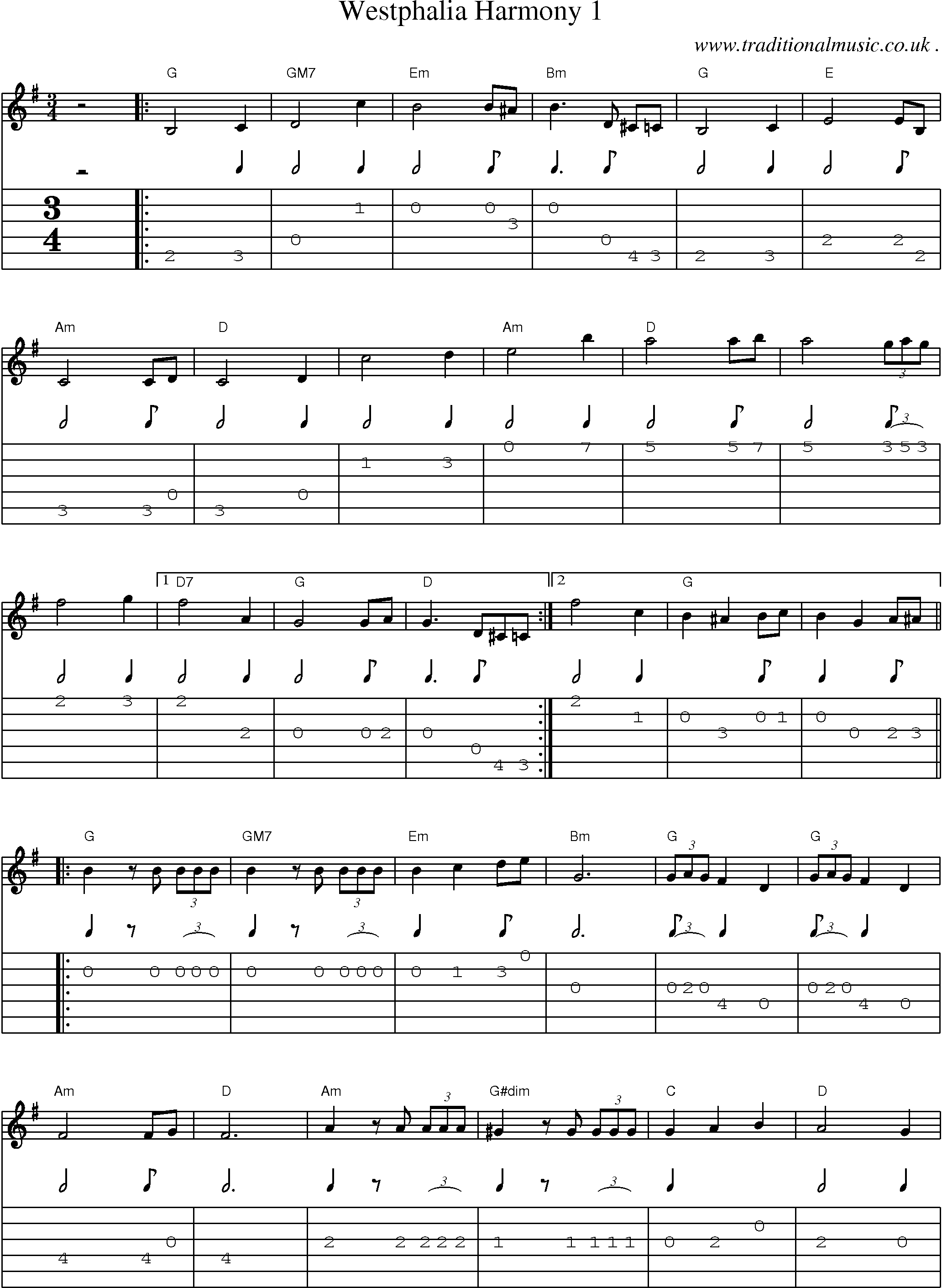 Music Score and Guitar Tabs for Westphalia Harmony 1