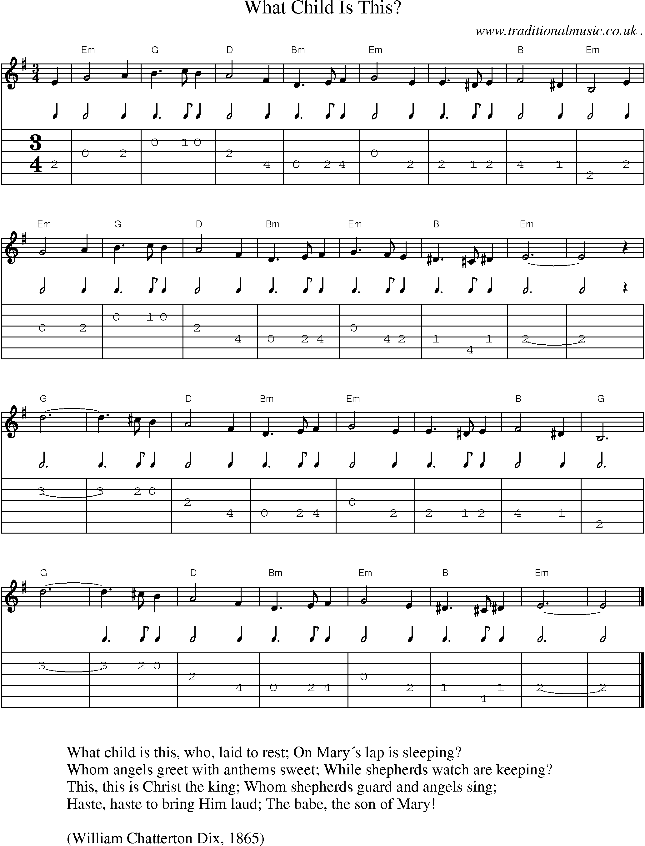 Music Score and Guitar Tabs for What Child Is This