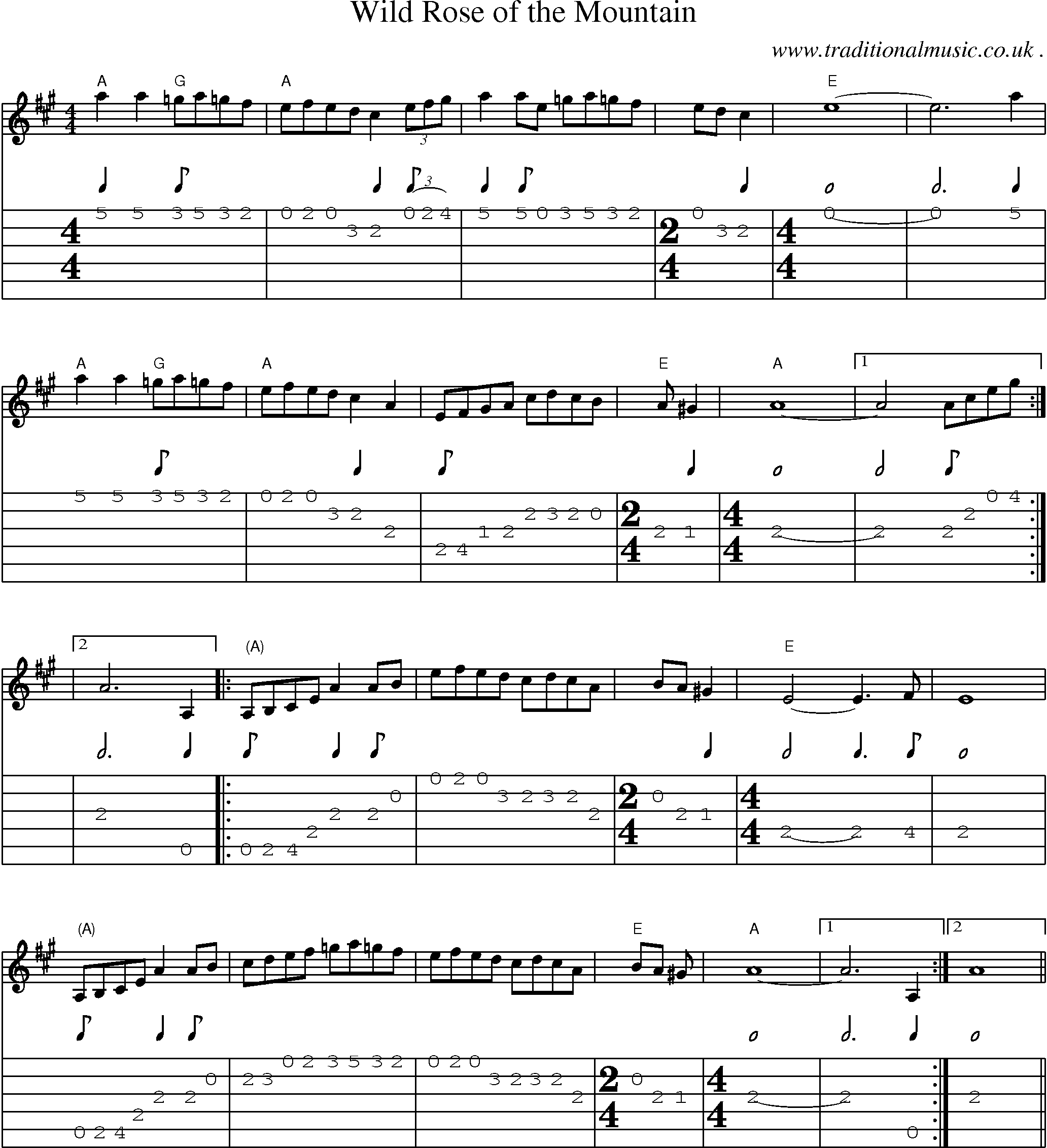 Music Score and Guitar Tabs for Wild Rose Of The Mountain