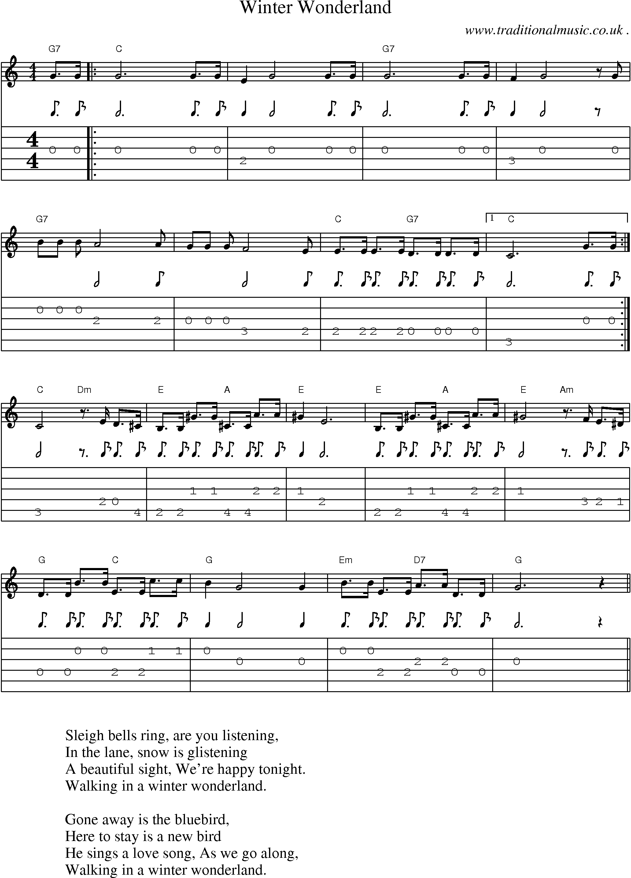 Music Score and Guitar Tabs for Winter Wonderland