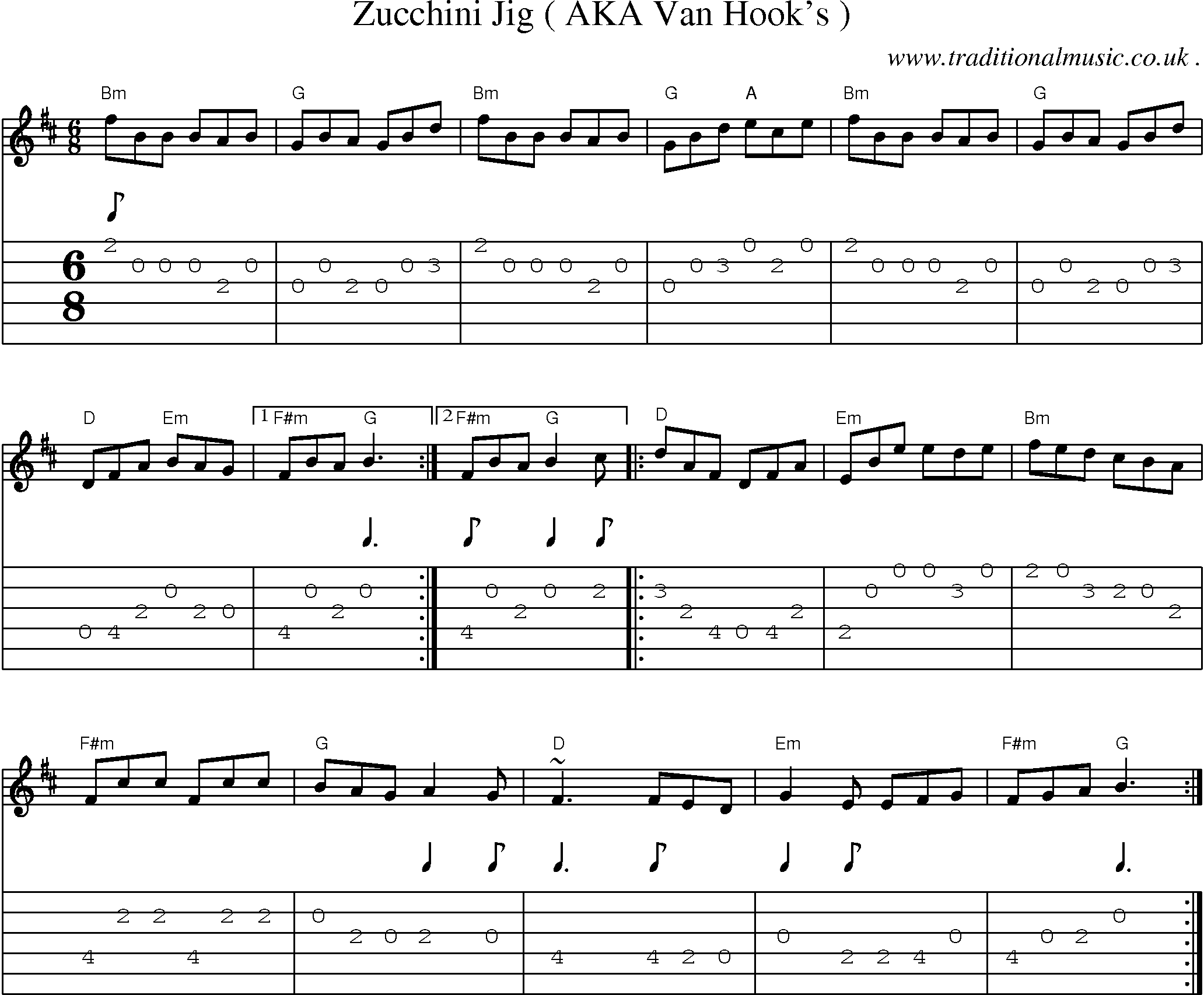 Music Score and Guitar Tabs for Zucchini Jig Aka Van Hooks