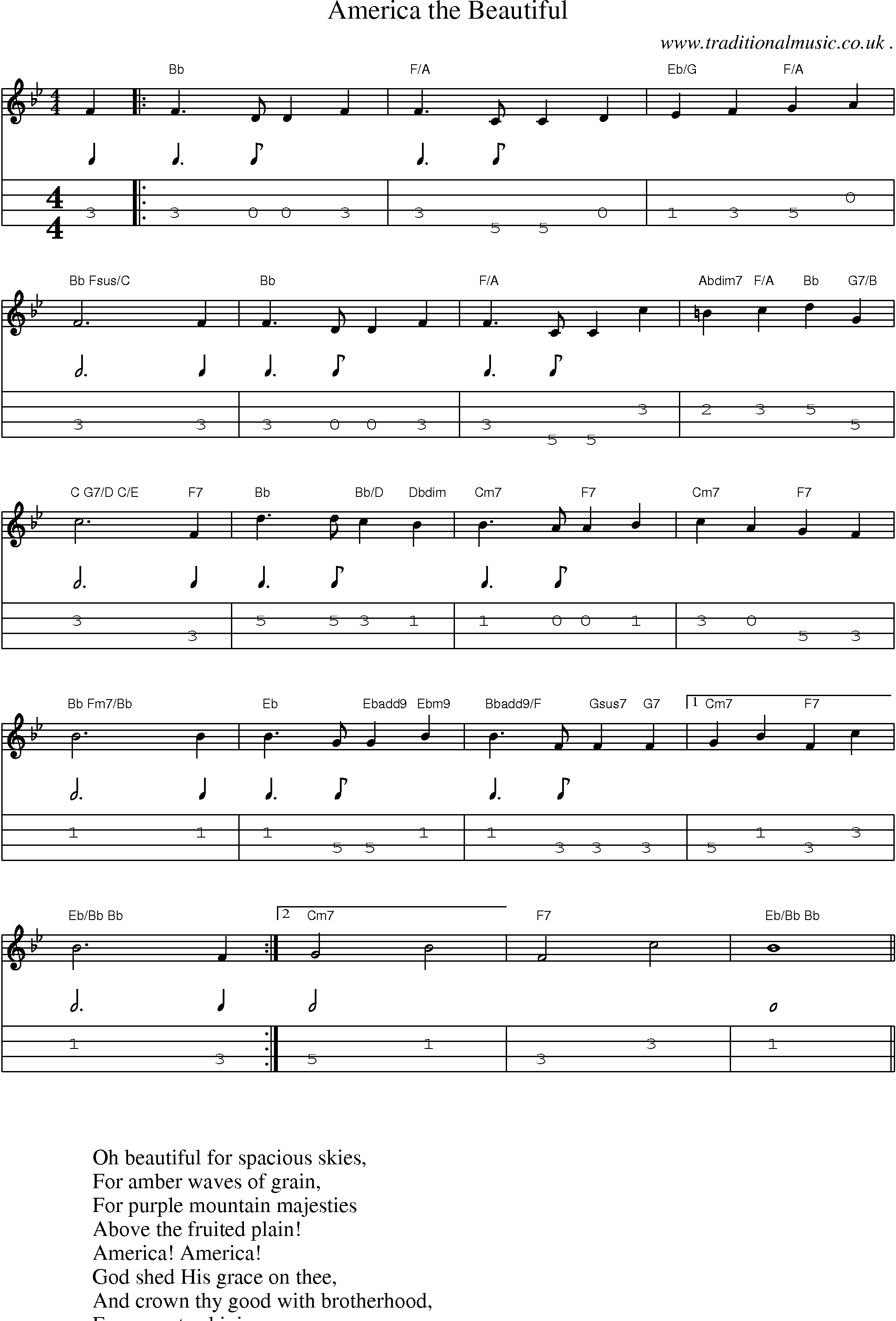 Music Score and Guitar Tabs for America The Beautiful