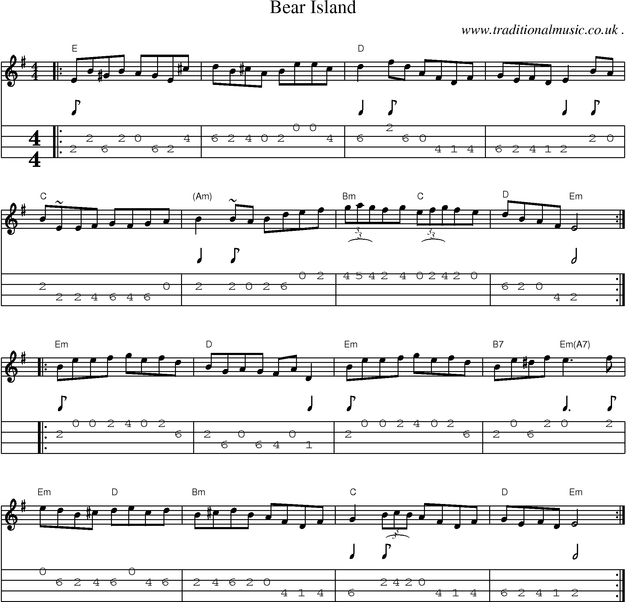 Music Score and Guitar Tabs for Bear Island