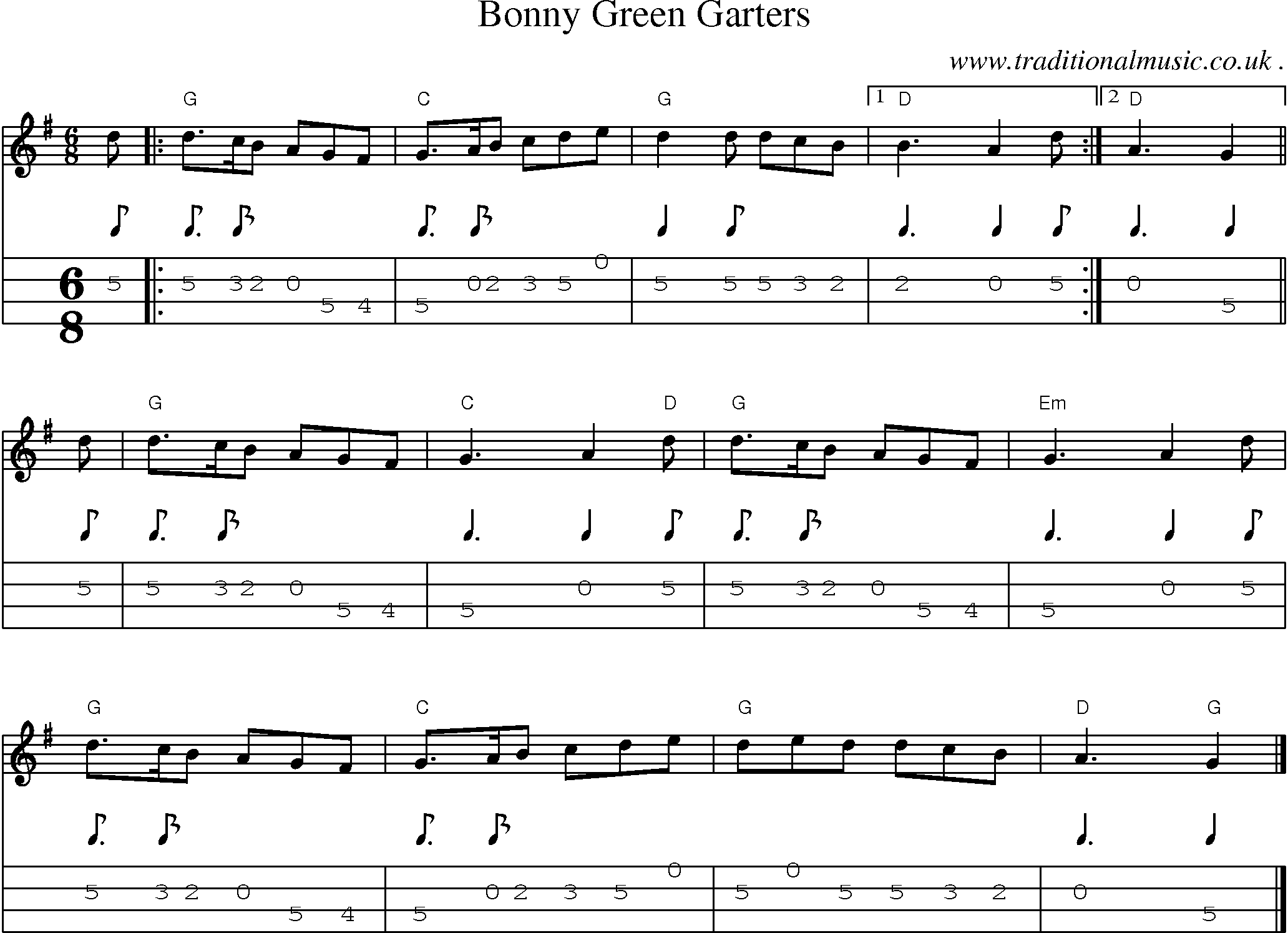 Music Score and Guitar Tabs for Bonny Green Garters