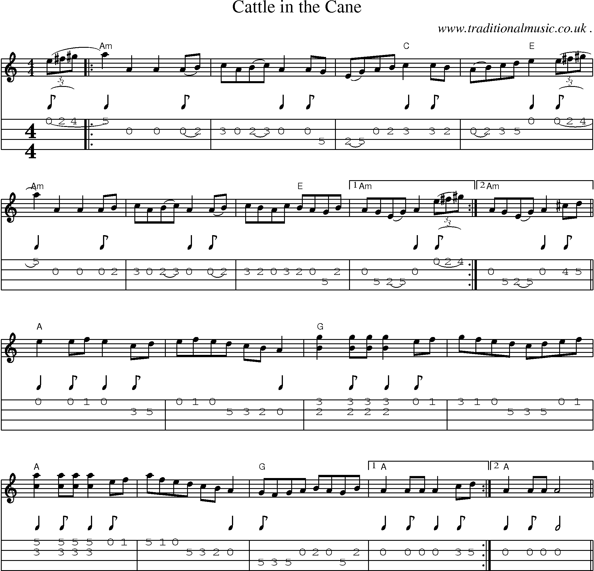 Music Score and Guitar Tabs for Cattle In The Cane