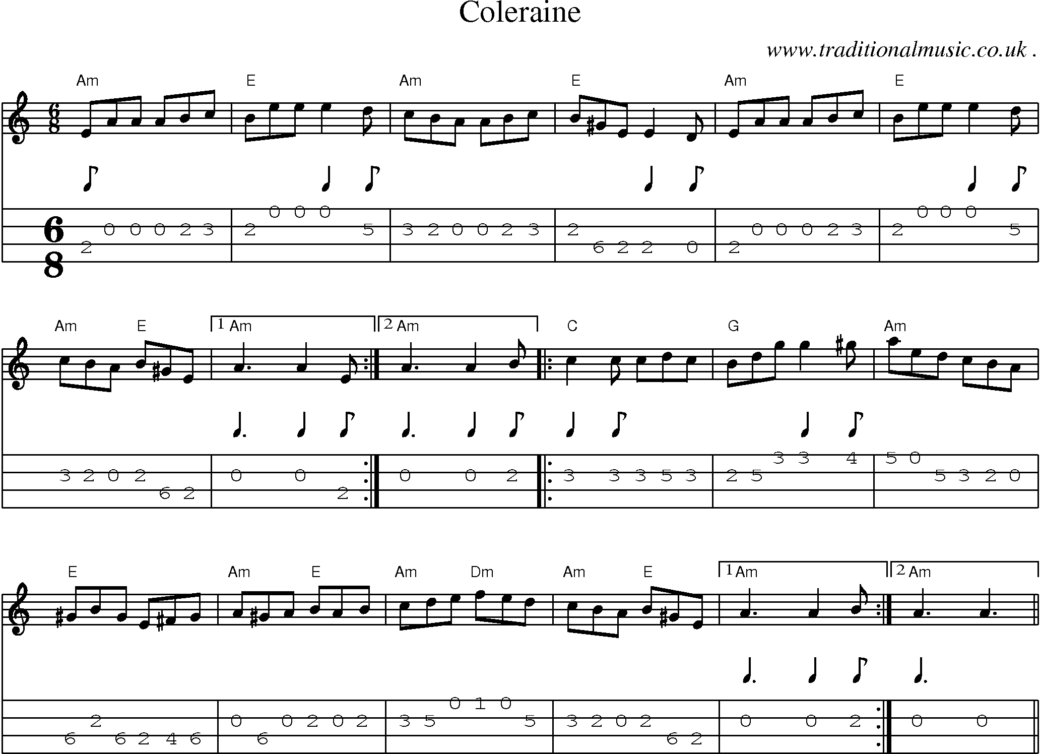 Music Score and Guitar Tabs for Coleraine