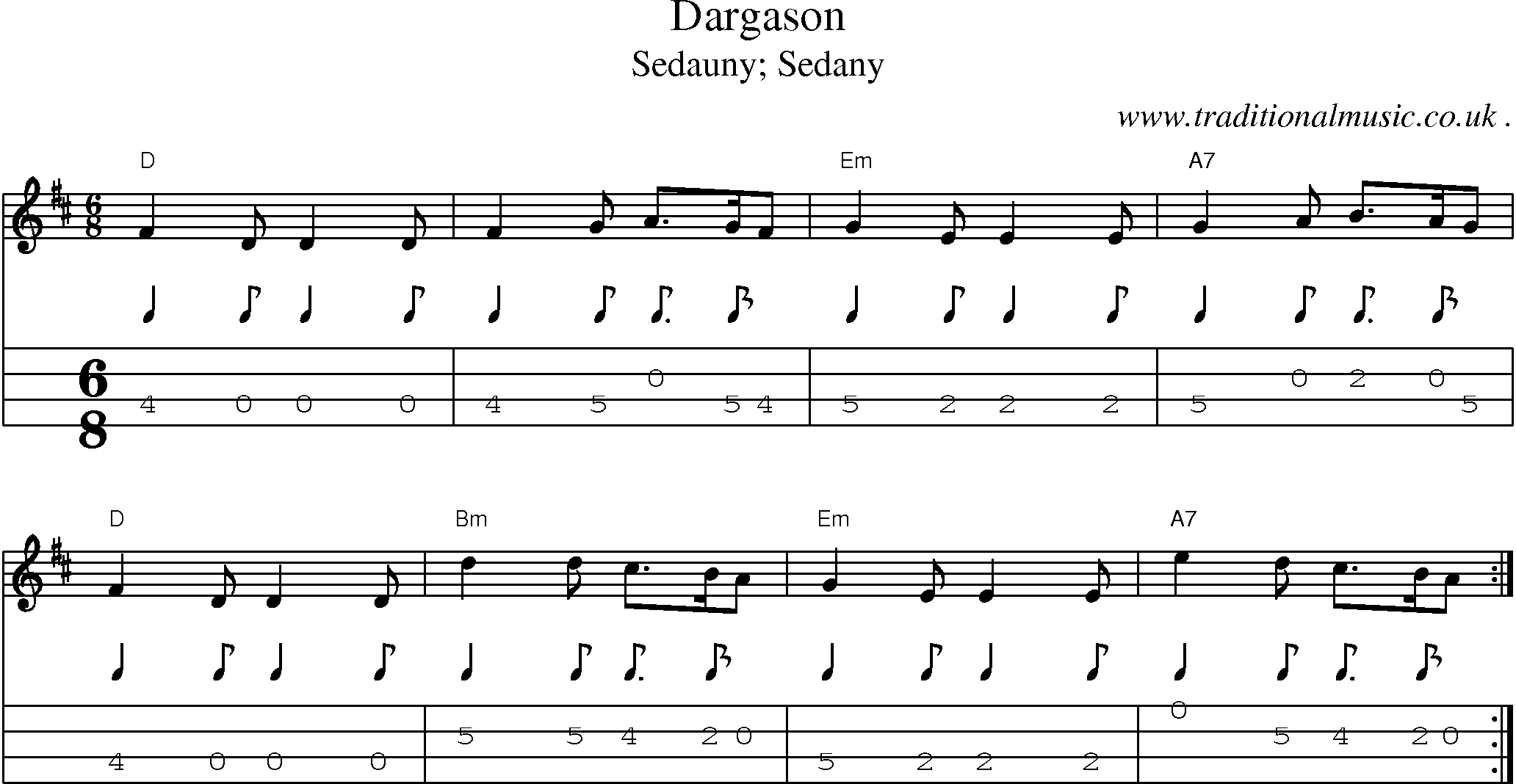 Music Score and Guitar Tabs for Dargason