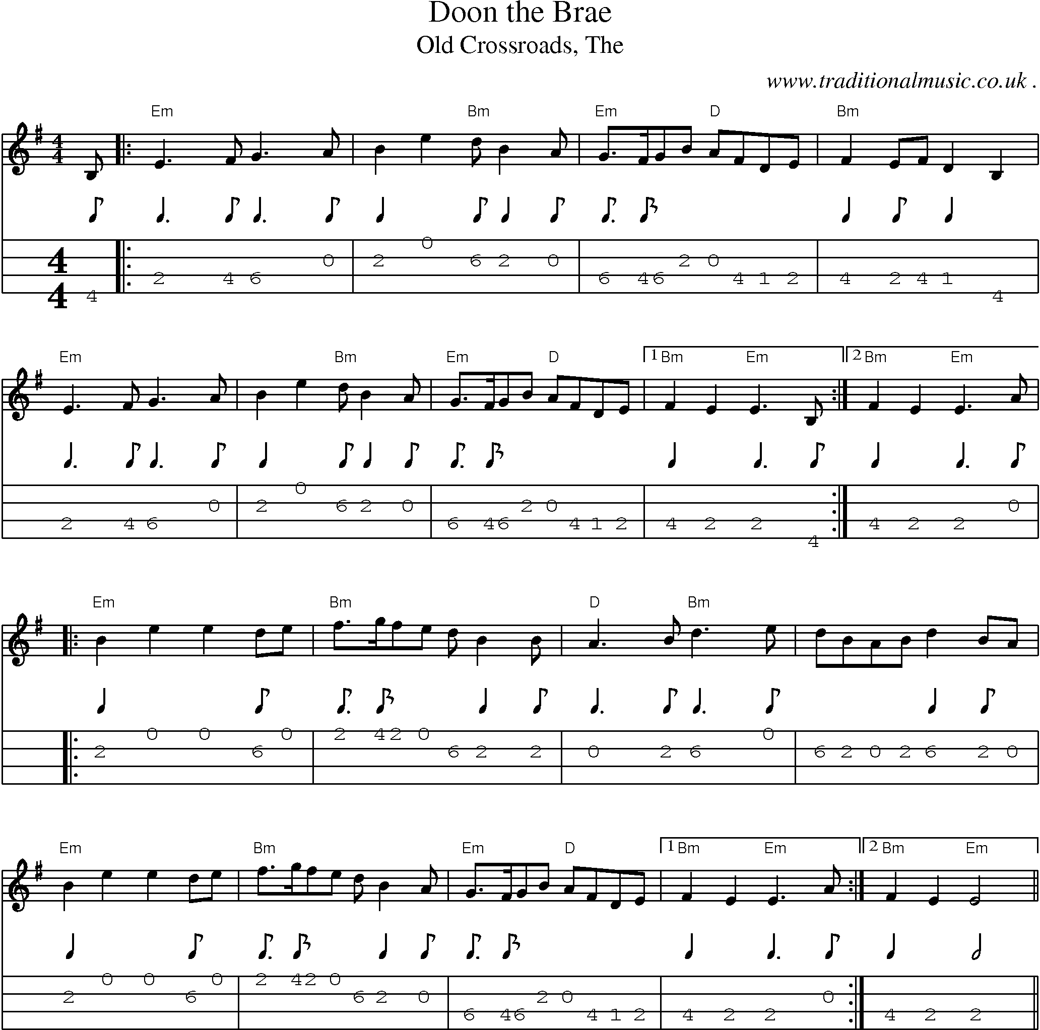 Music Score and Guitar Tabs for Doon the Brae