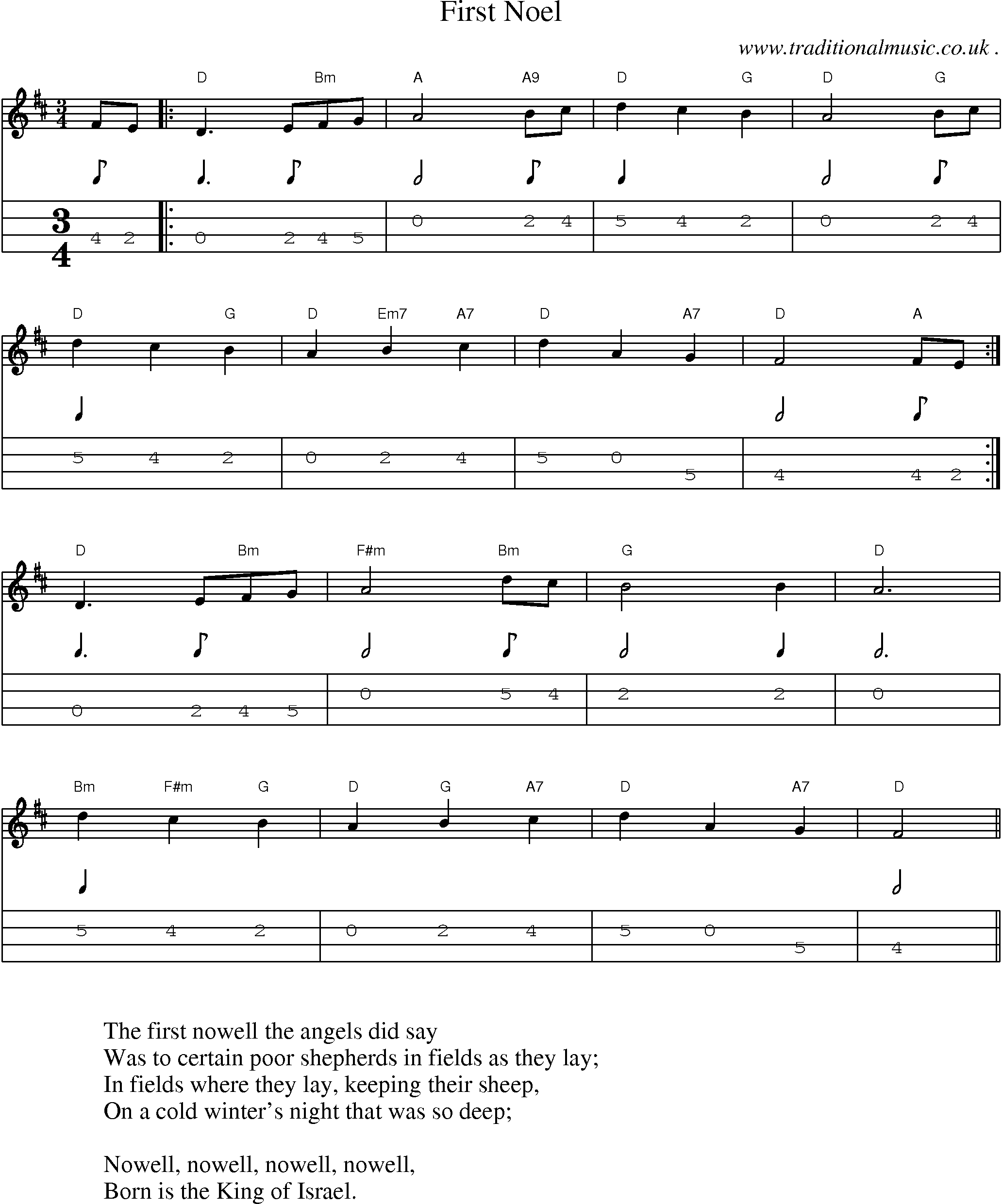Music Score and Guitar Tabs for First Noel