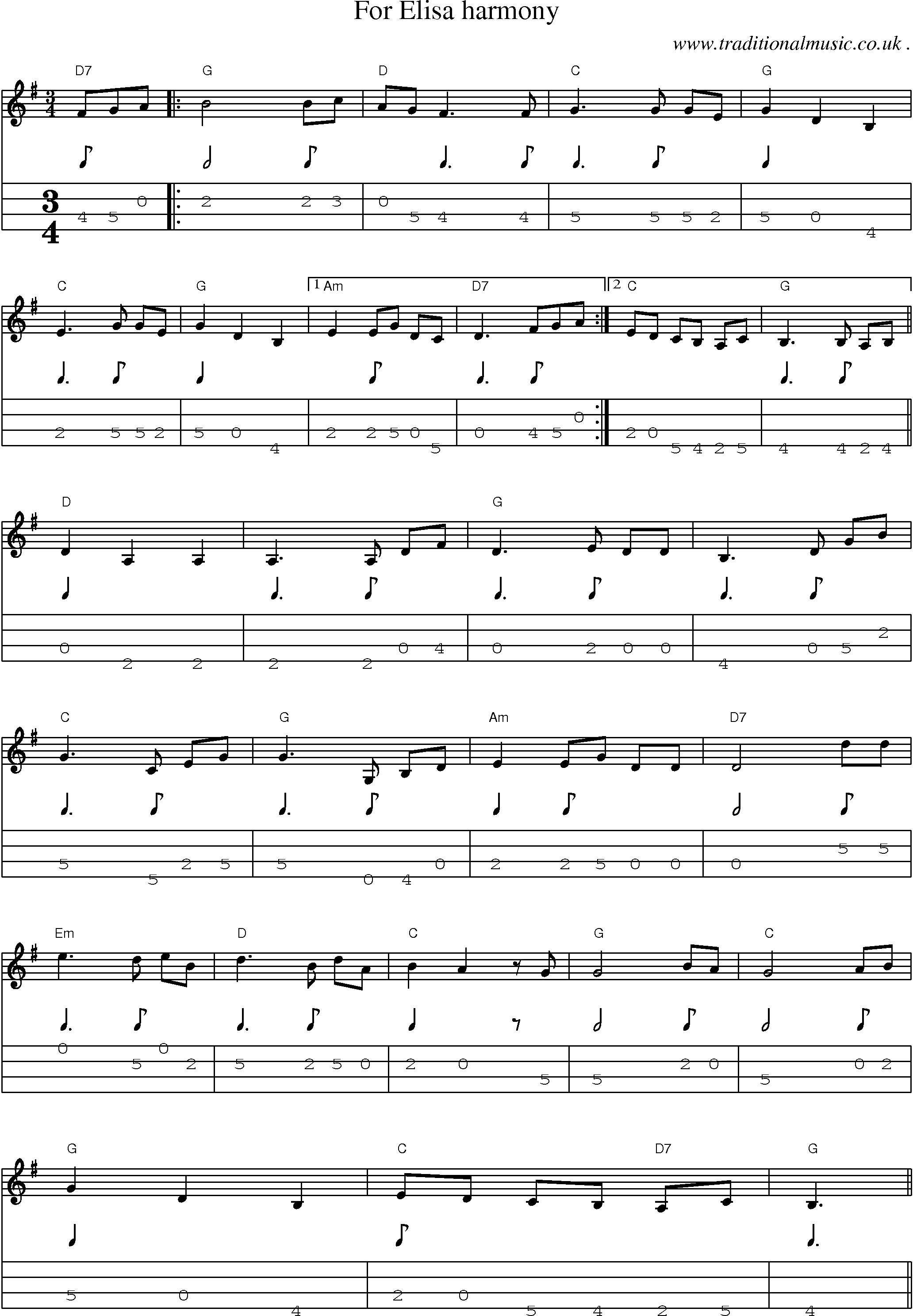 Music Score and Guitar Tabs for For Elisa Harmony