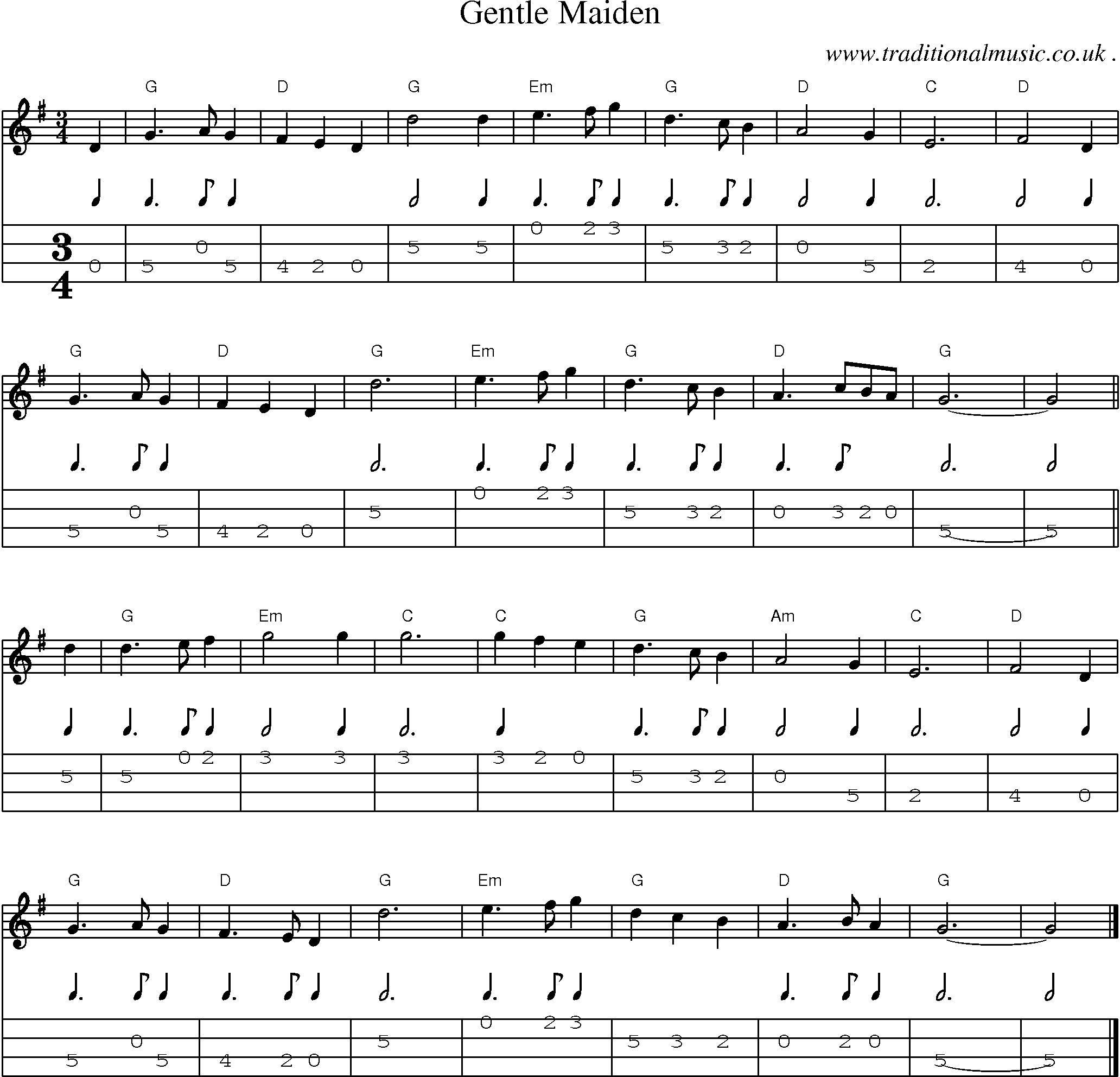 Music Score and Guitar Tabs for Gentle Maiden