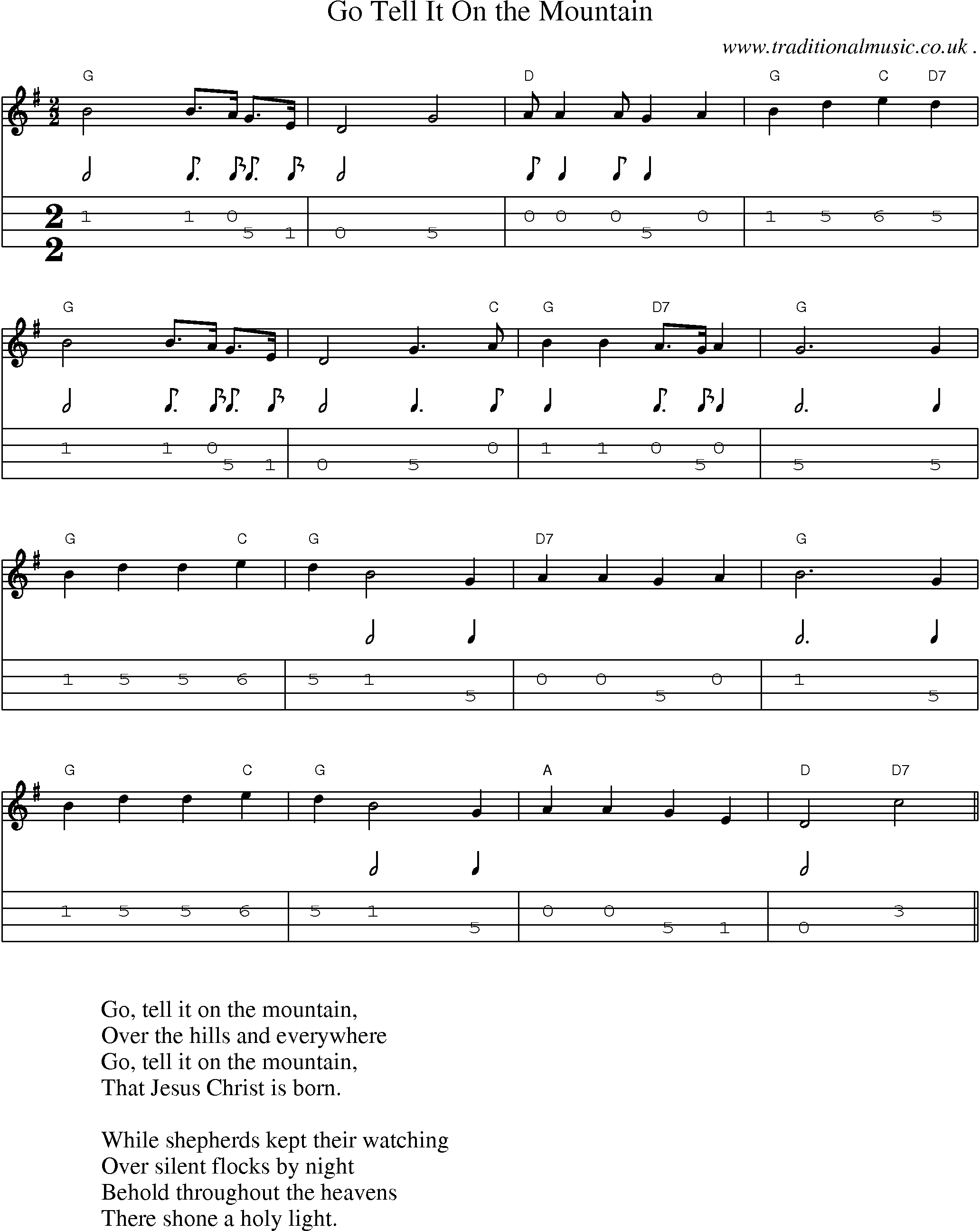 Music Score and Guitar Tabs for Go Tell It On the Mountain