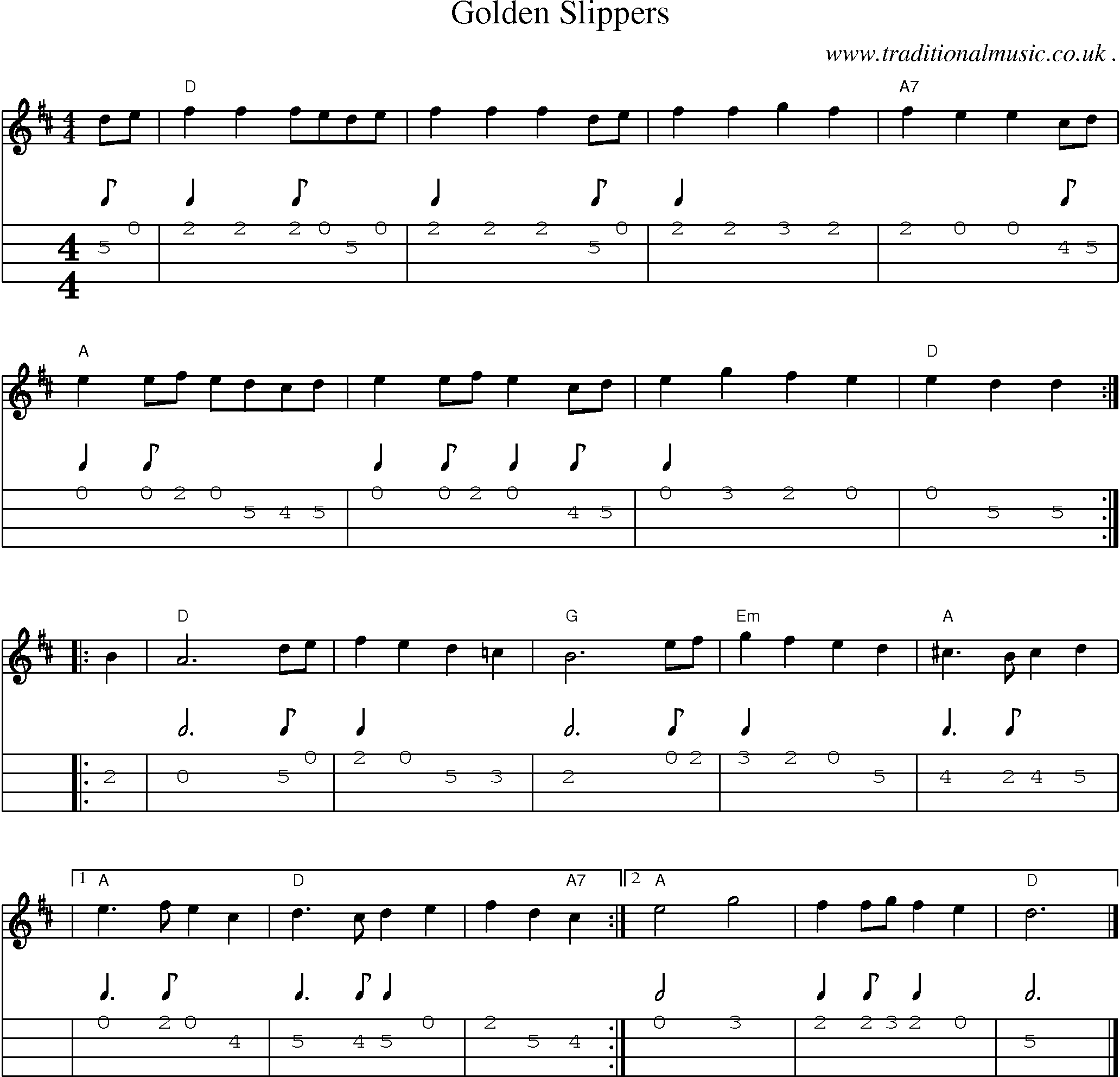 Music Score and Guitar Tabs for Golden Slippers