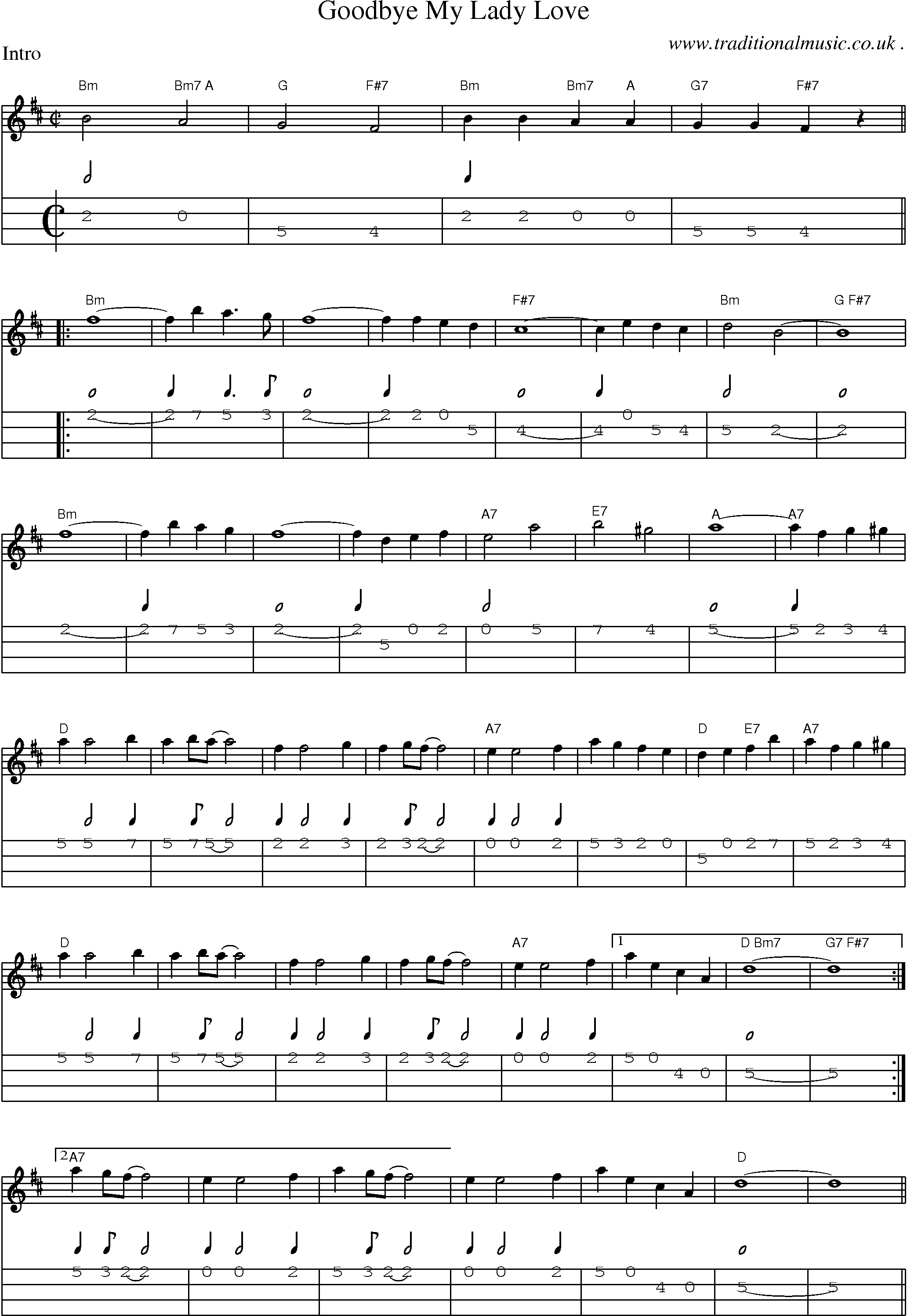 Music Score and Guitar Tabs for Goodbye My Lady Love