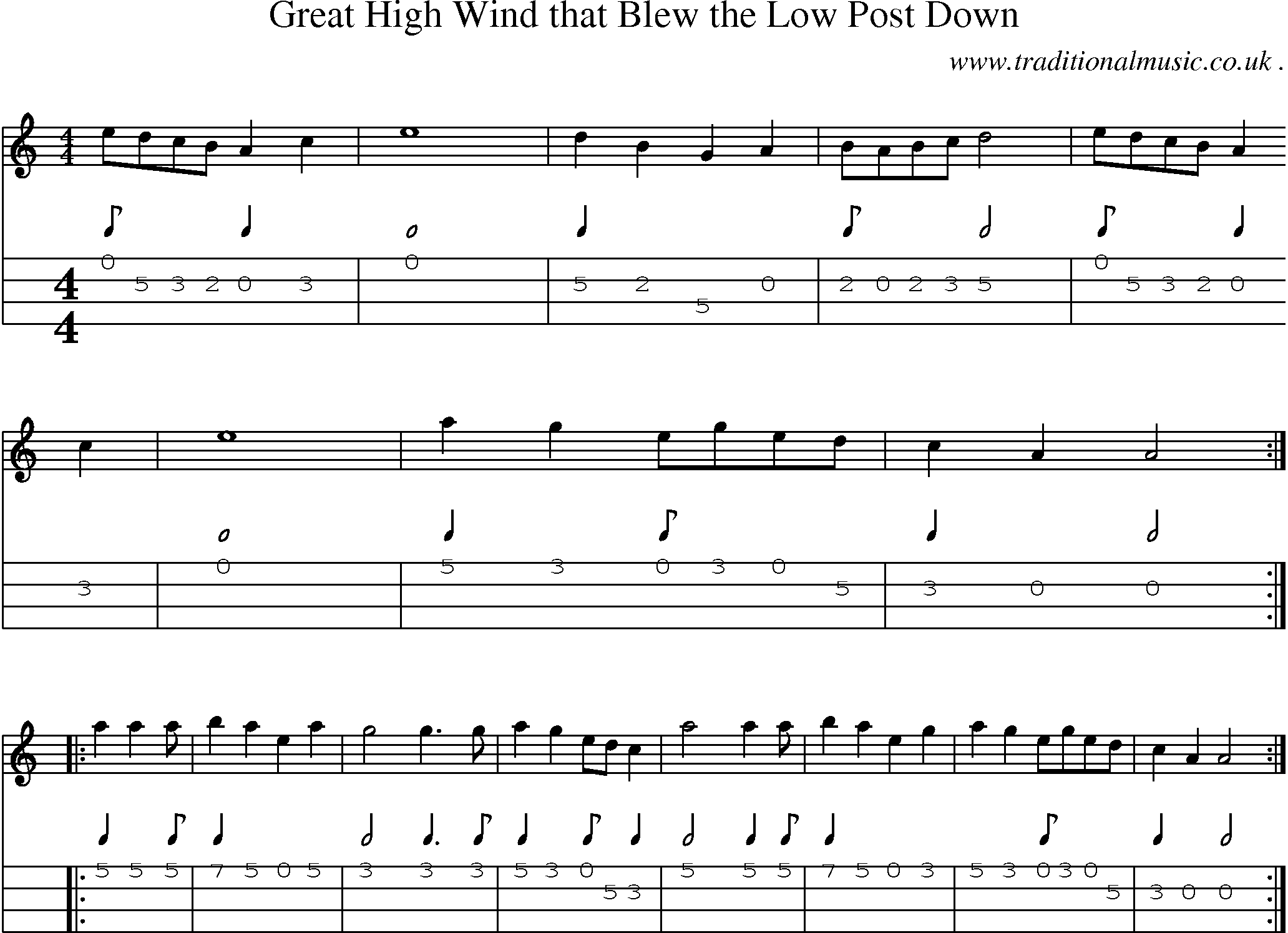 Music Score and Guitar Tabs for Great High Wind That Blew The Low Post Down
