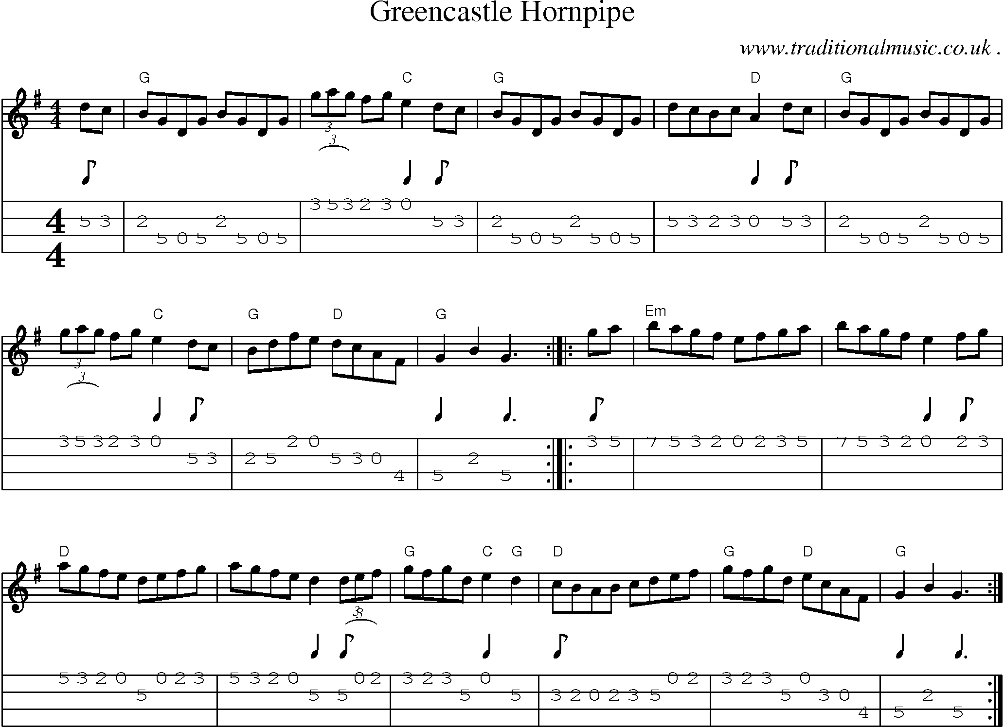 Music Score and Guitar Tabs for Greencastle Hornpipe
