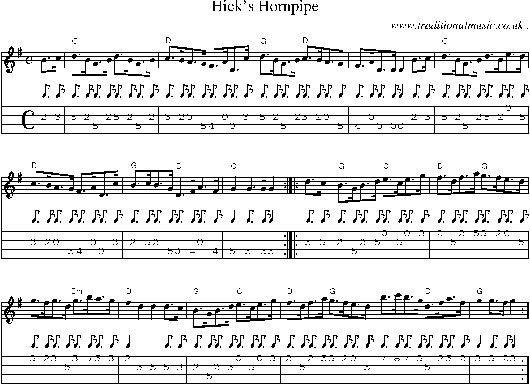Music Score and Guitar Tabs for Hicks Hornpipe