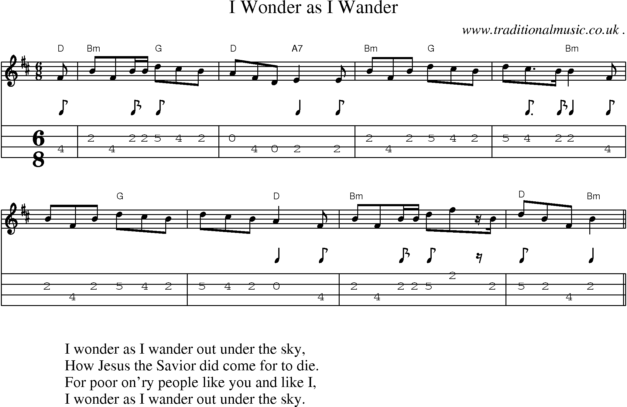 Music Score and Guitar Tabs for I Wonder as I Wander