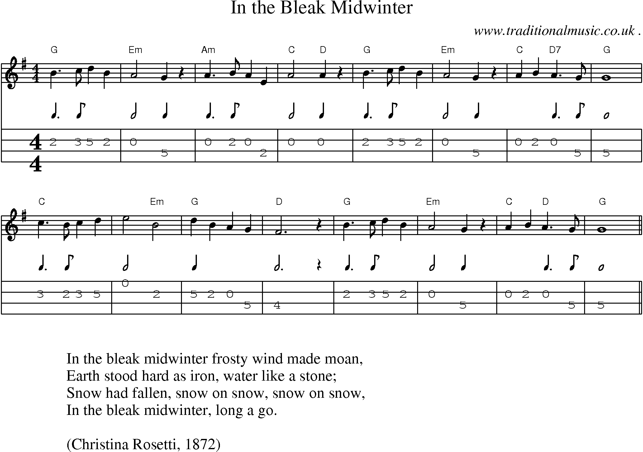 Music Score and Guitar Tabs for In the Bleak Midwinter