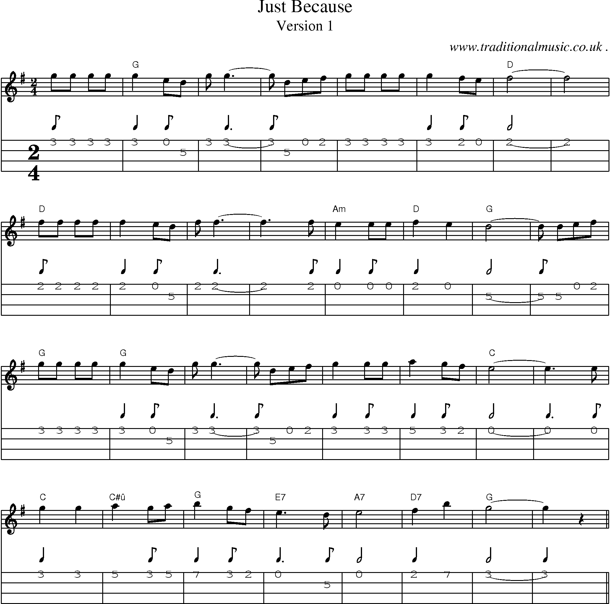 Music Score and Guitar Tabs for Just Because 