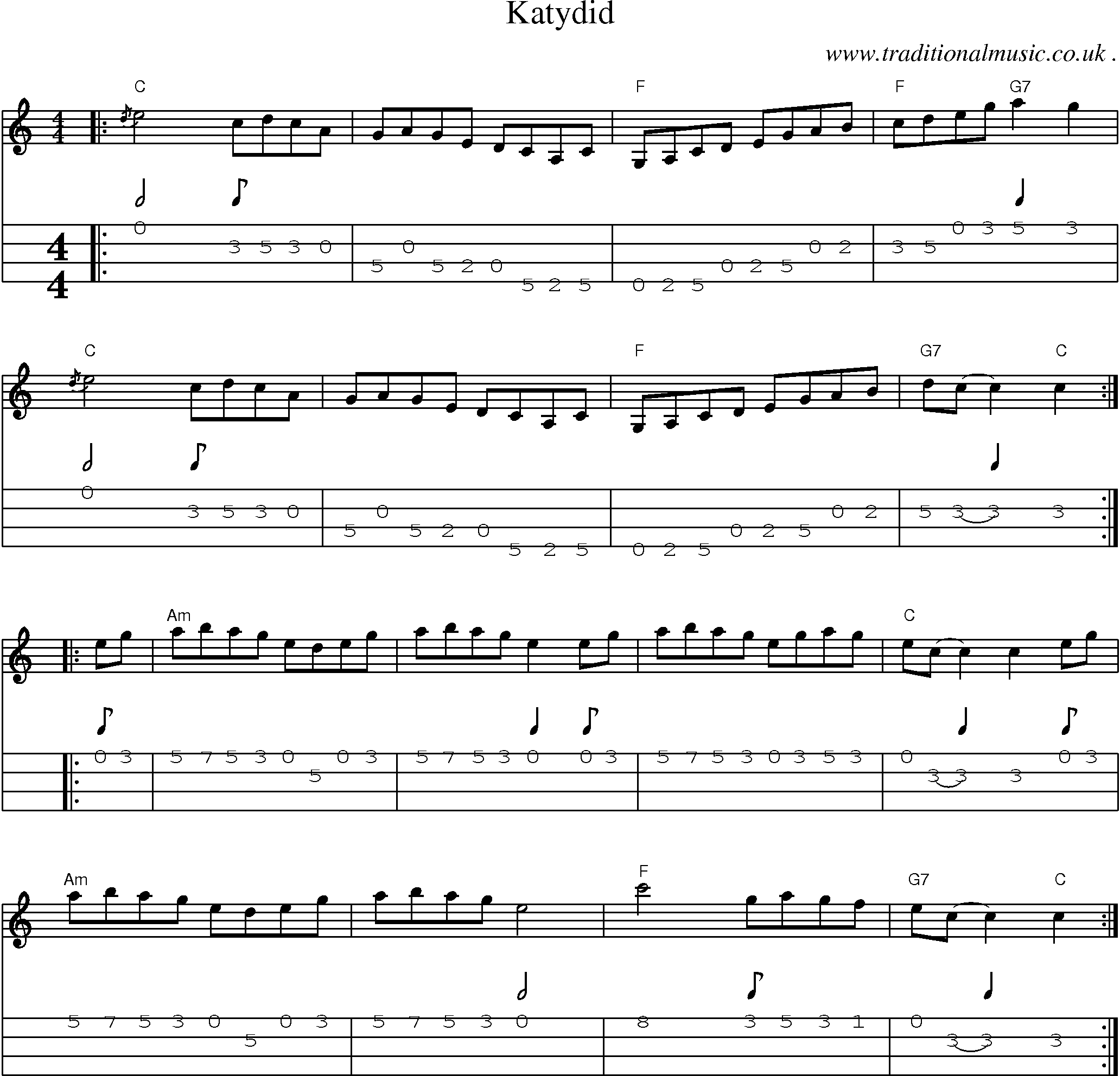 Music Score and Guitar Tabs for Katydid