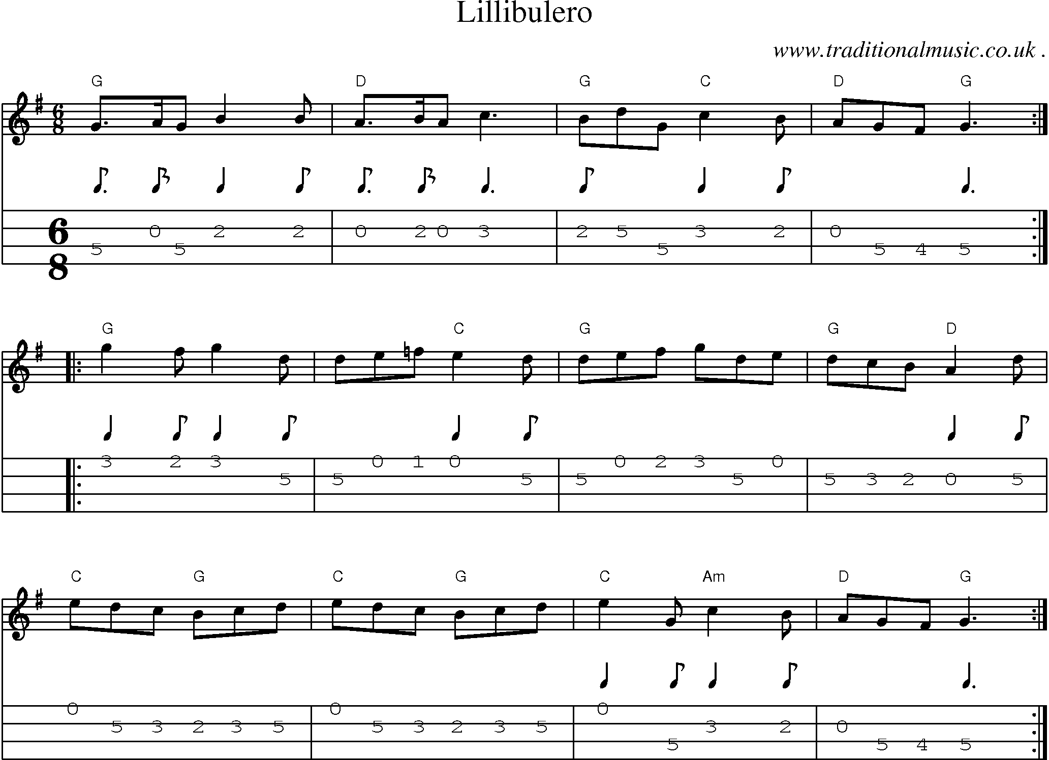 Music Score and Guitar Tabs for Lillibulero