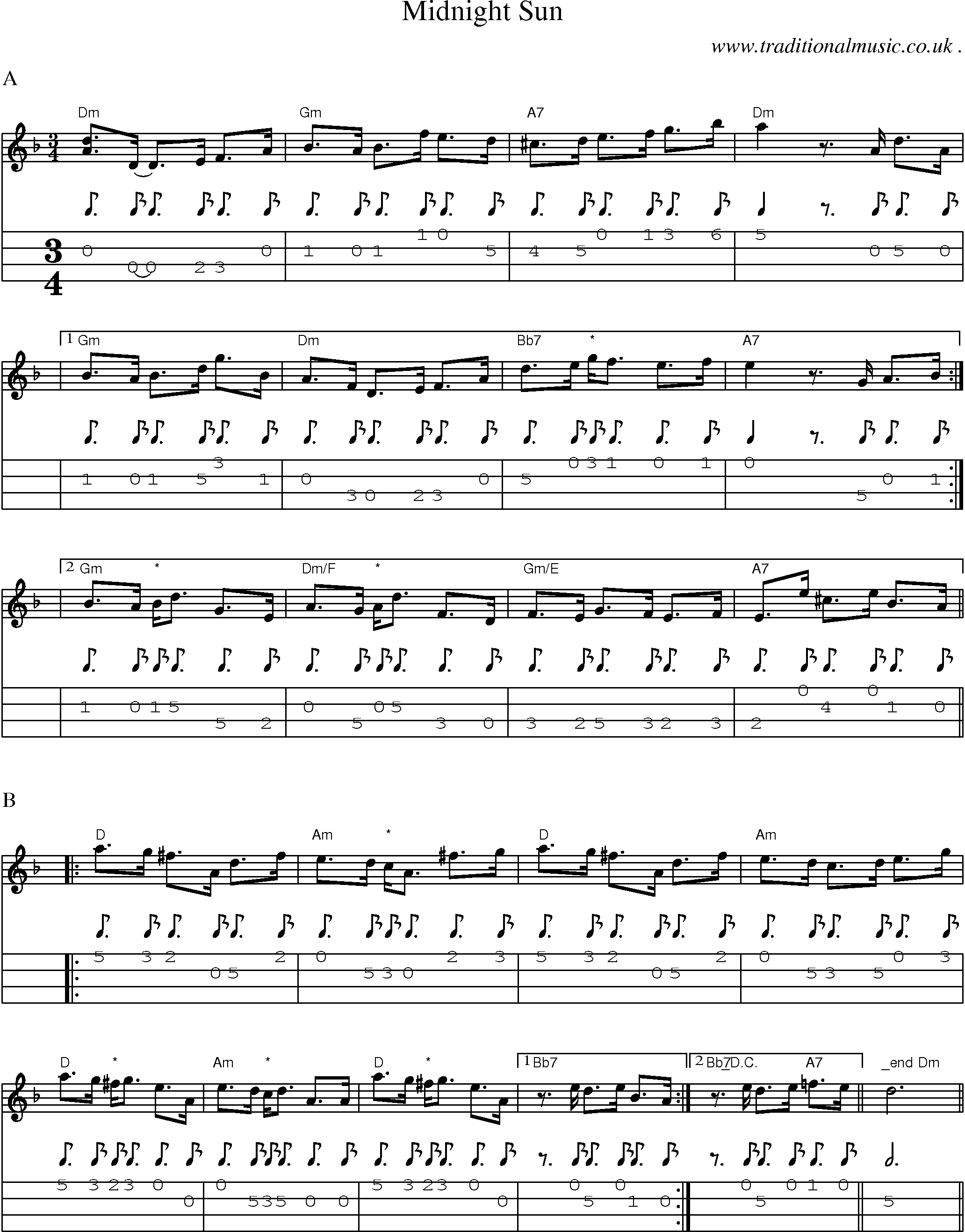 Music Score and Guitar Tabs for Midnight Sun