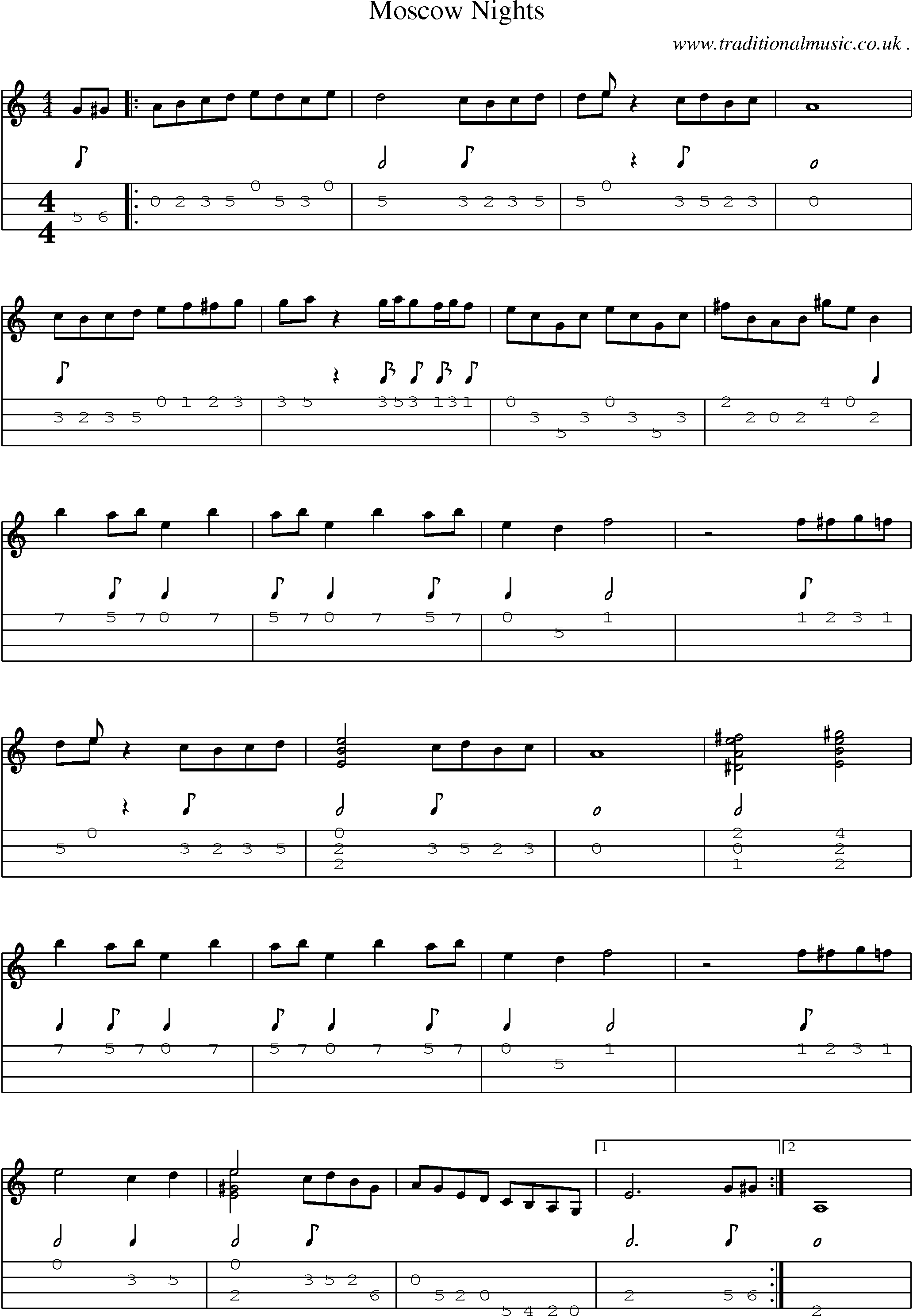 Music Score and Guitar Tabs for Moscow Nights