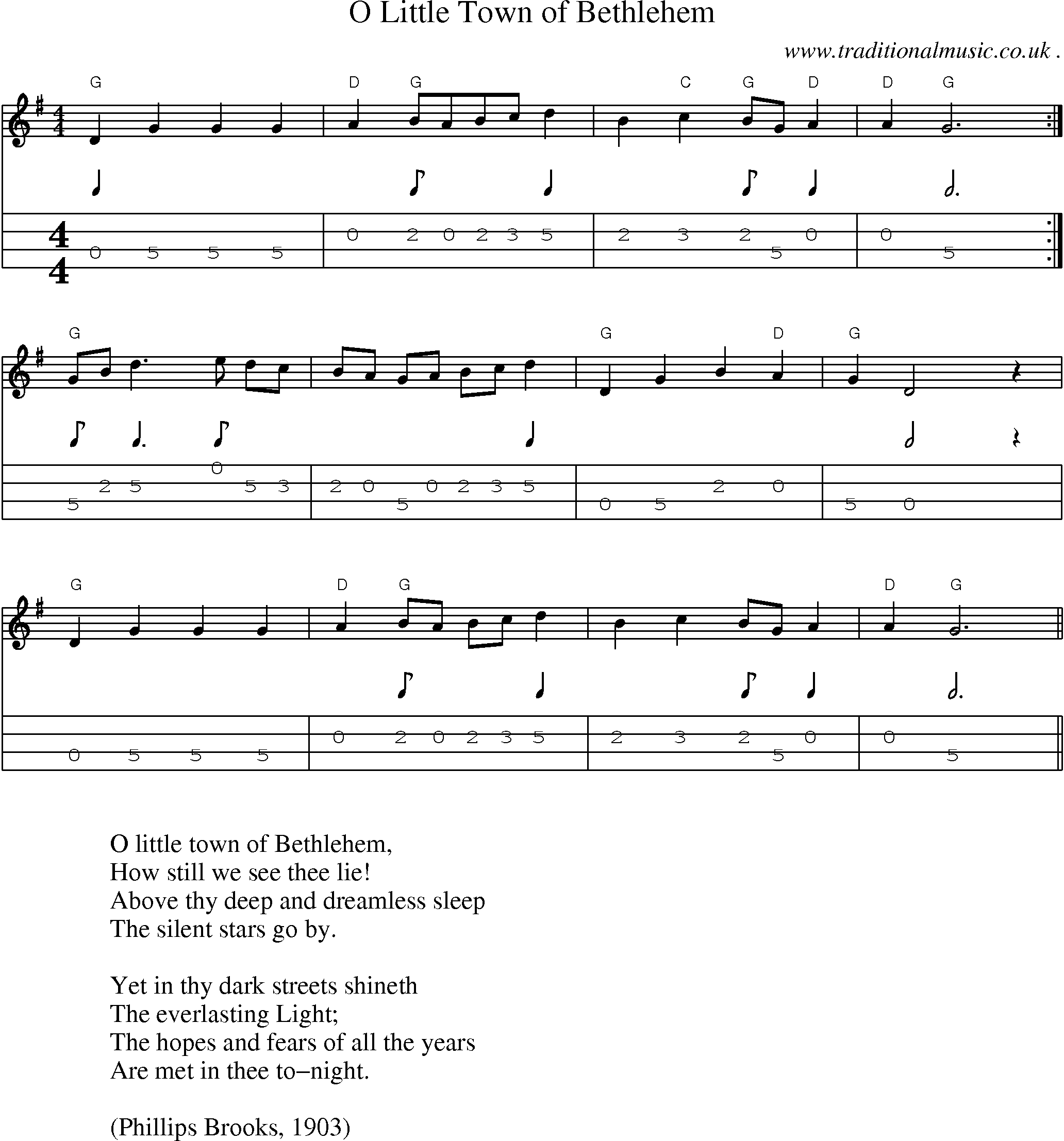 Music Score and Guitar Tabs for O Little Town of Bethlehem