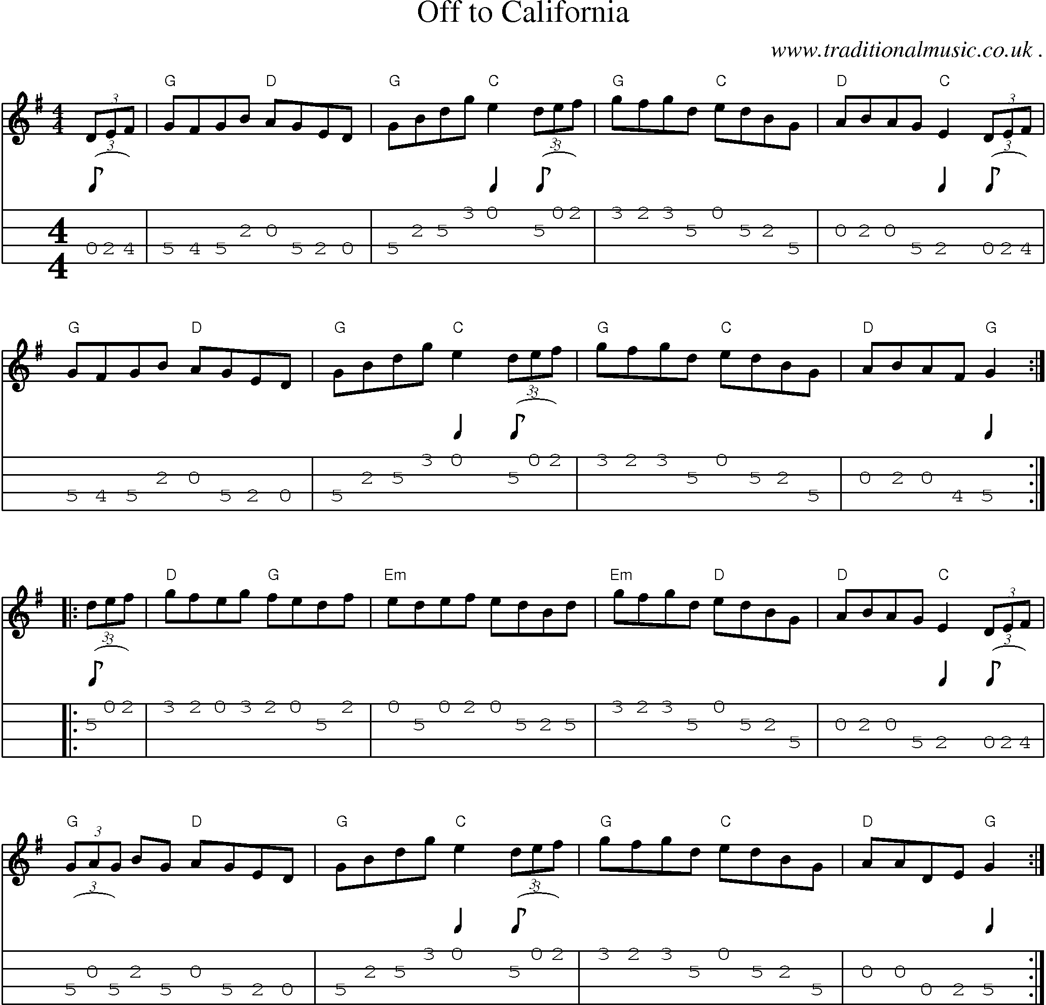 Music Score and Guitar Tabs for Off To California