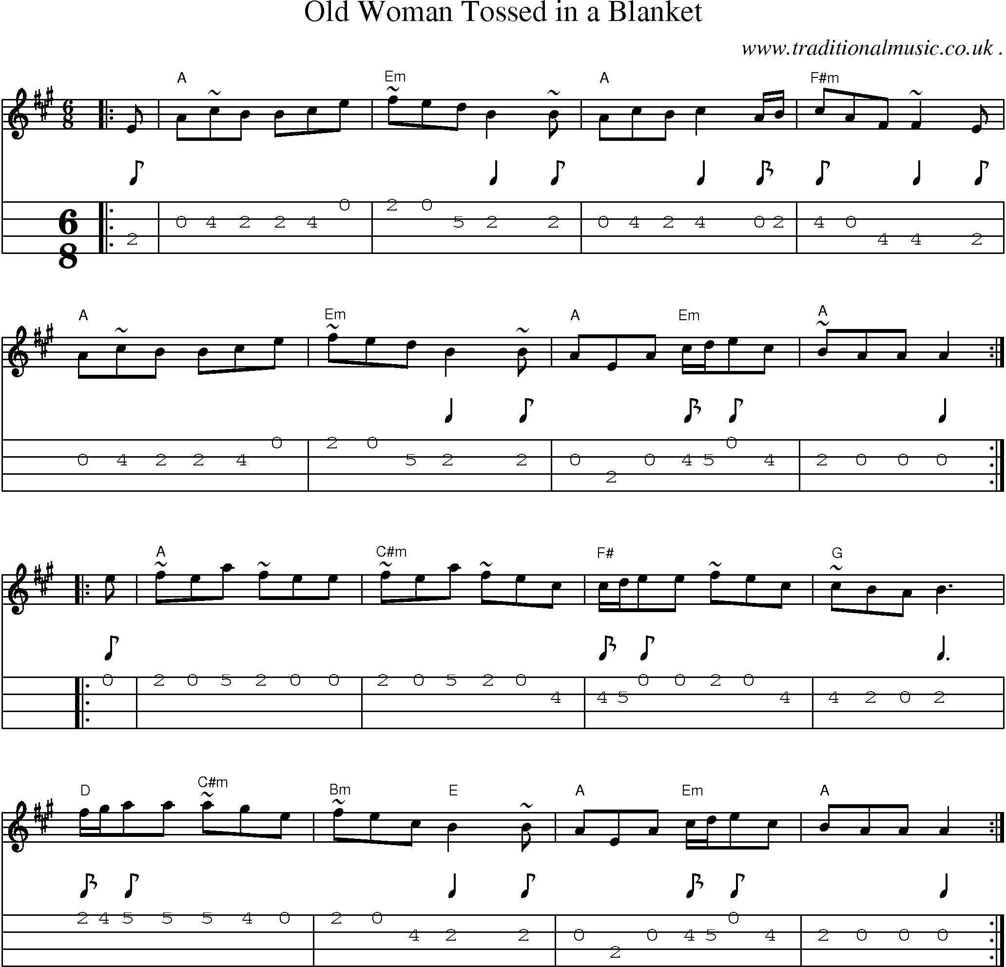 Music Score and Guitar Tabs for Old Woman Tossed In A Blanket
