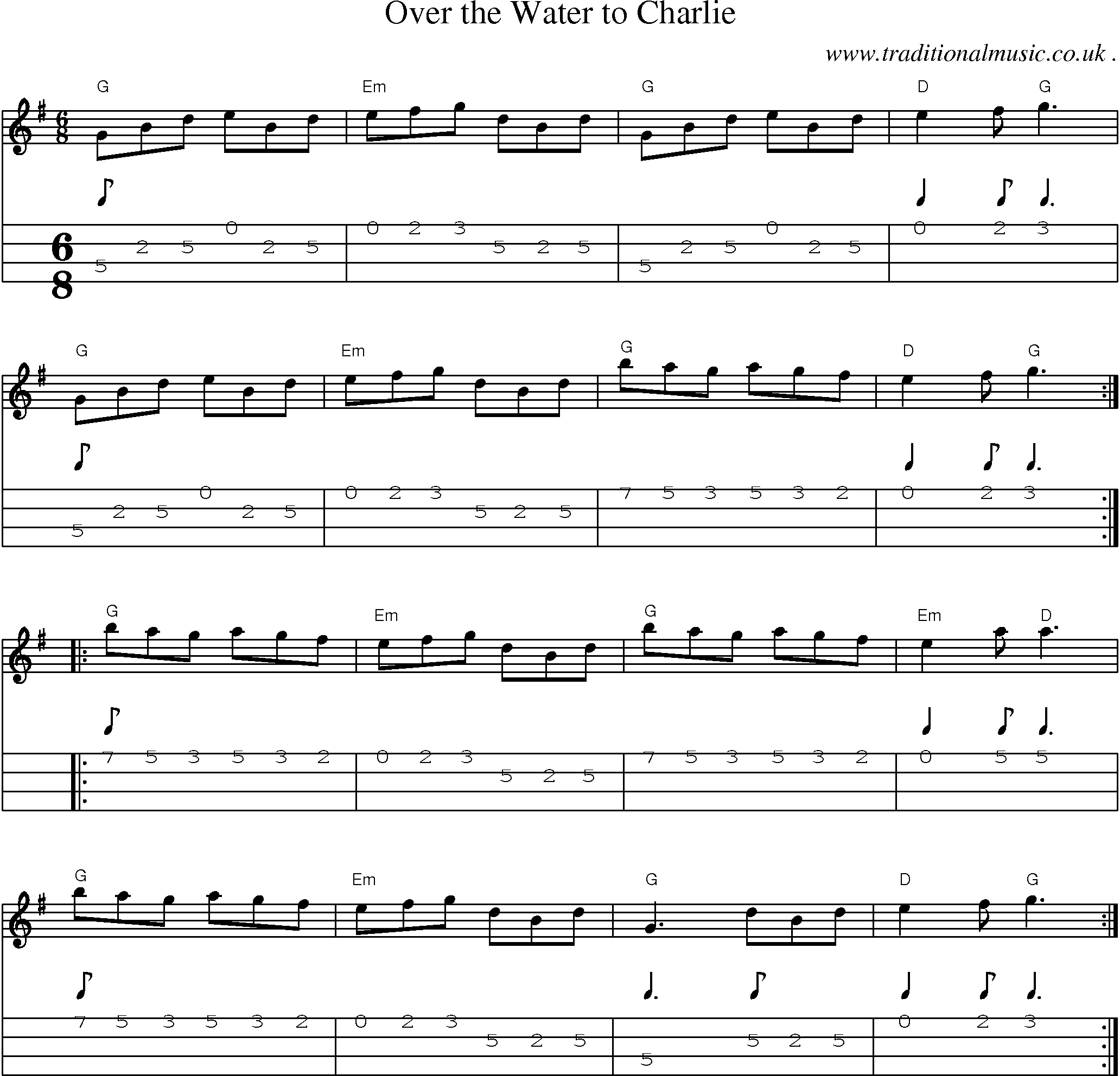 Music Score and Guitar Tabs for Over the Water to Charlie