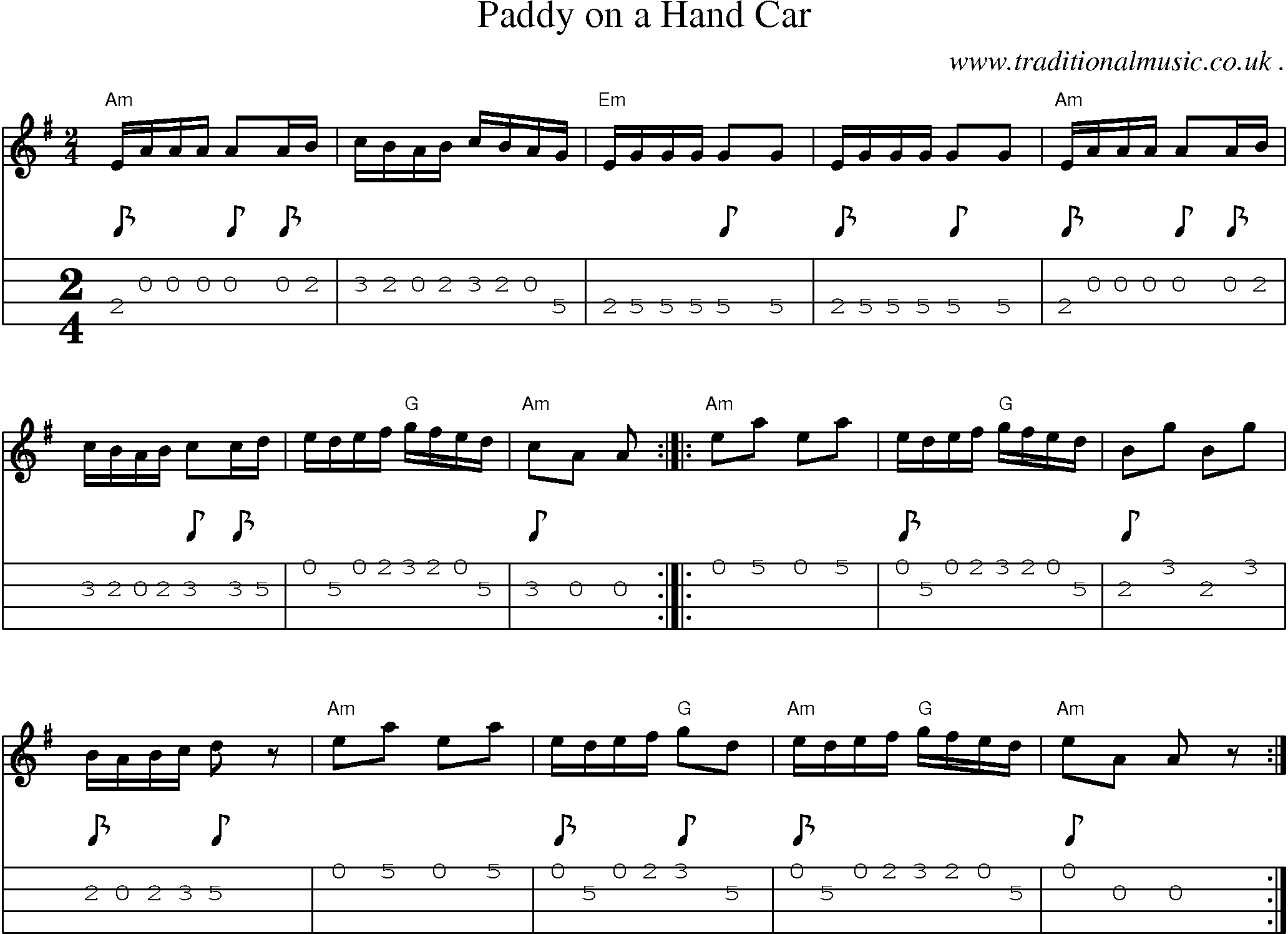 Music Score and Guitar Tabs for Paddy On A Hand Car