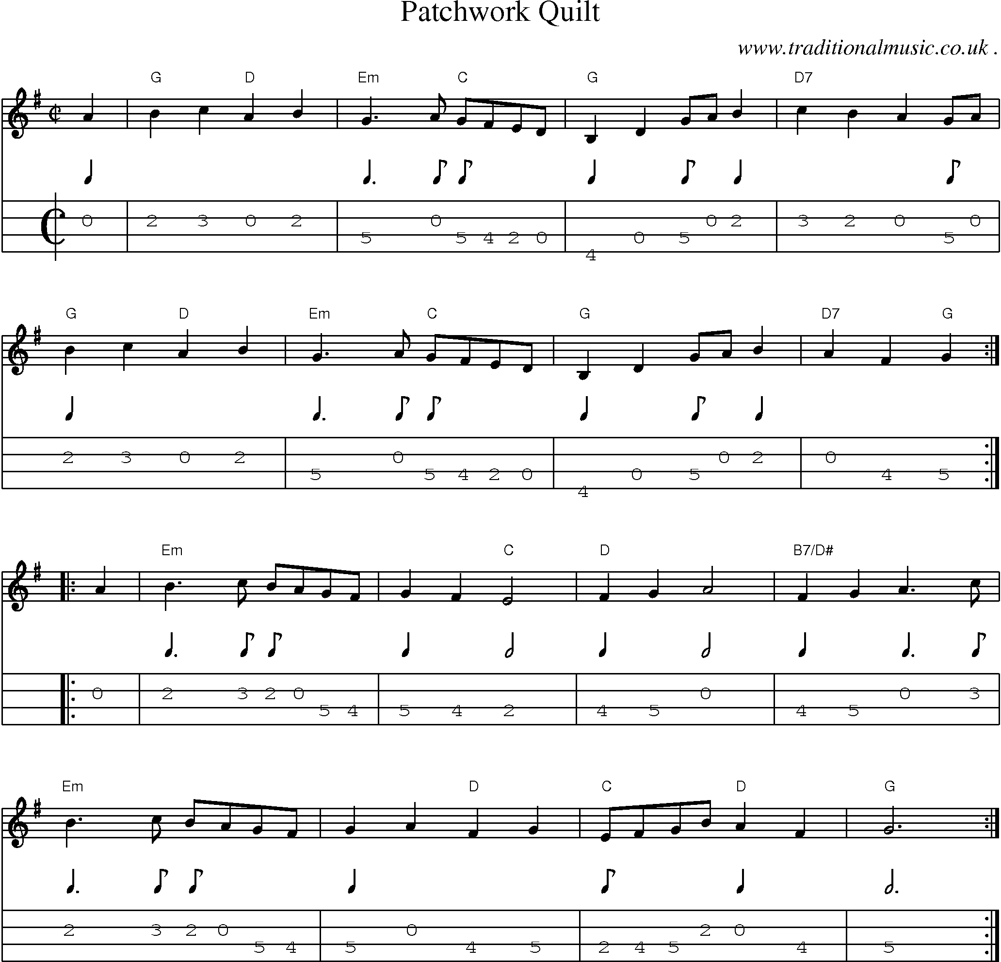 Music Score and Guitar Tabs for Patchwork Quilt