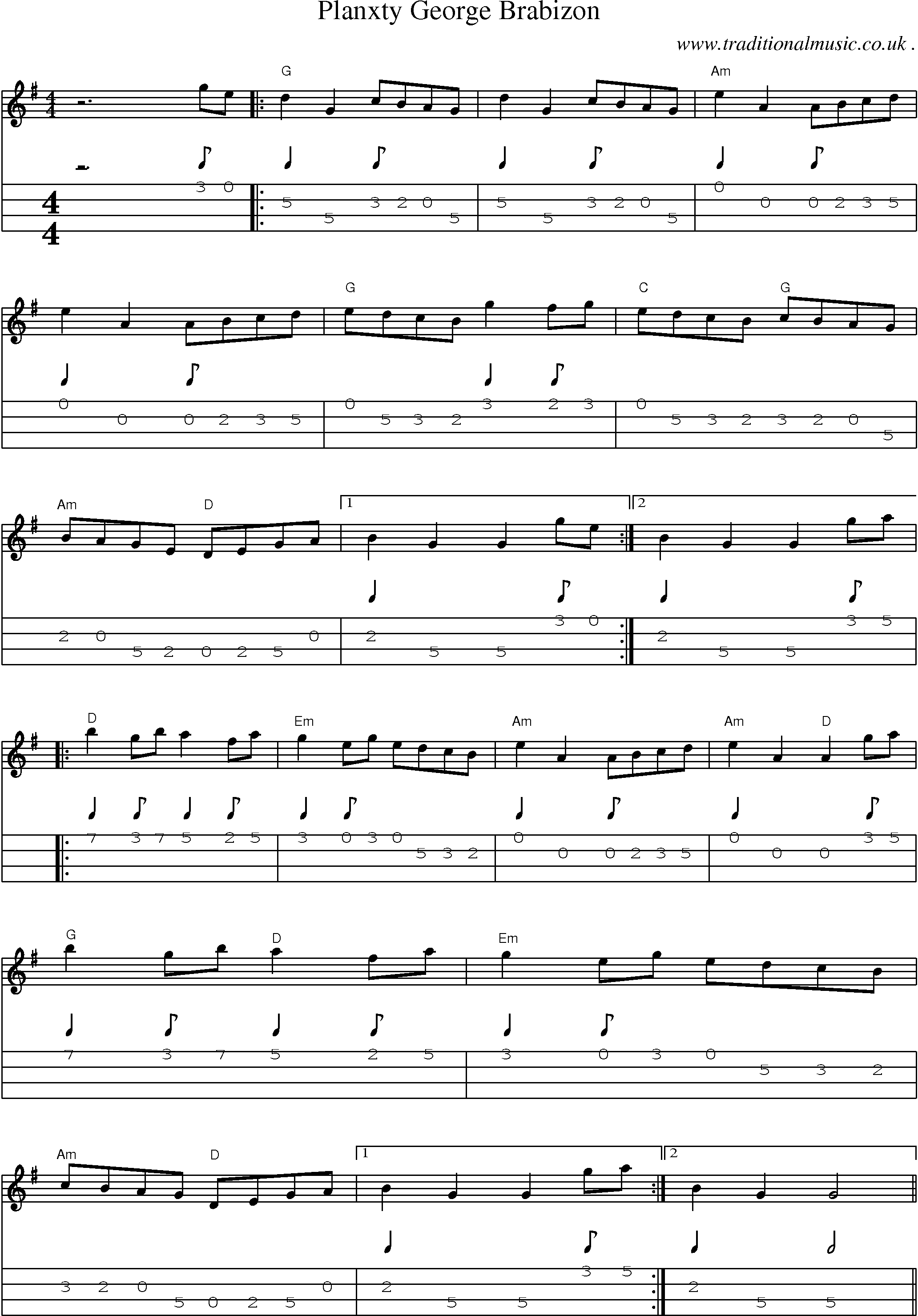 Music Score and Guitar Tabs for Planxty George Brabizon