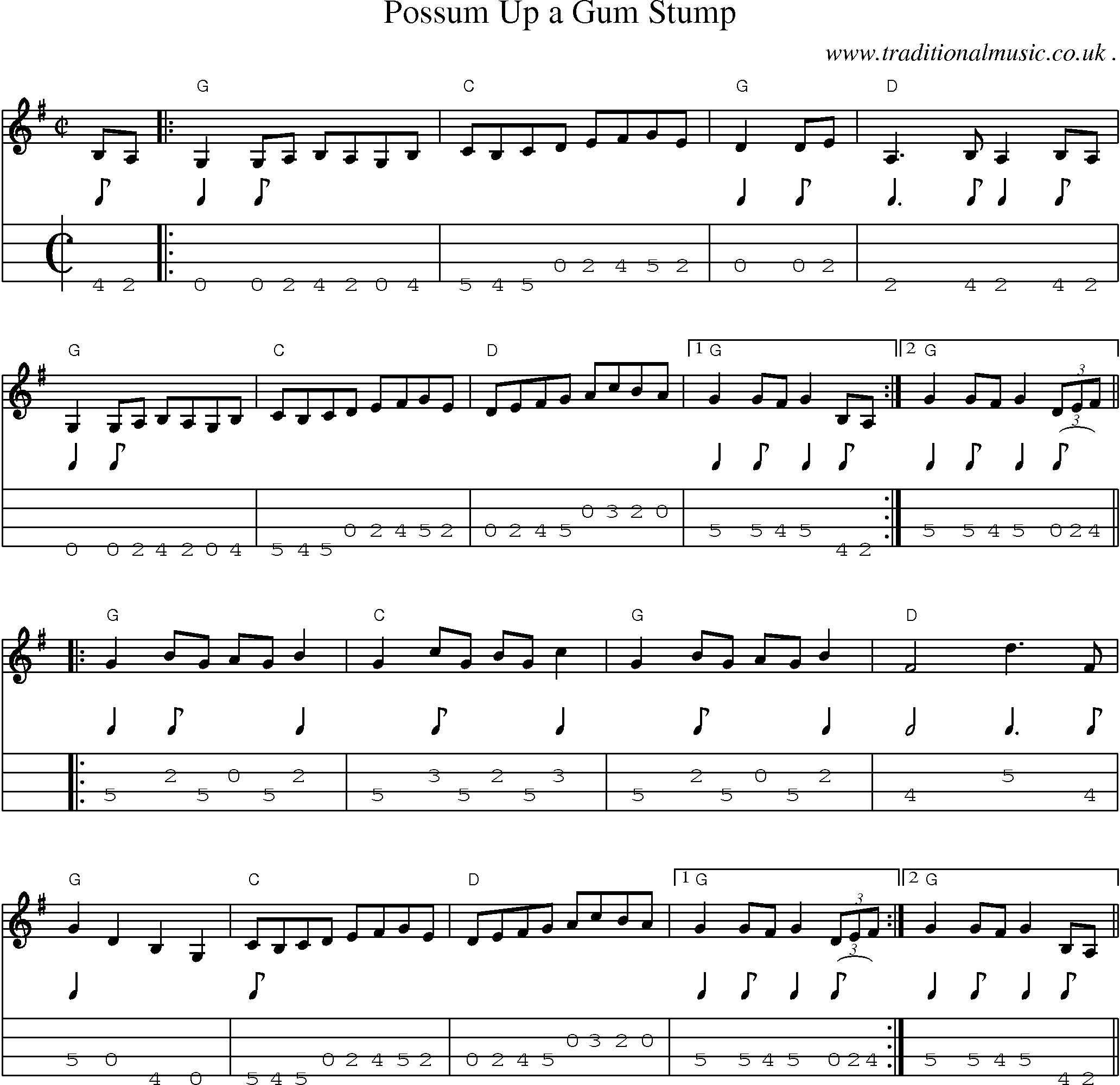 Music Score and Guitar Tabs for Possum Up A Gum Stump