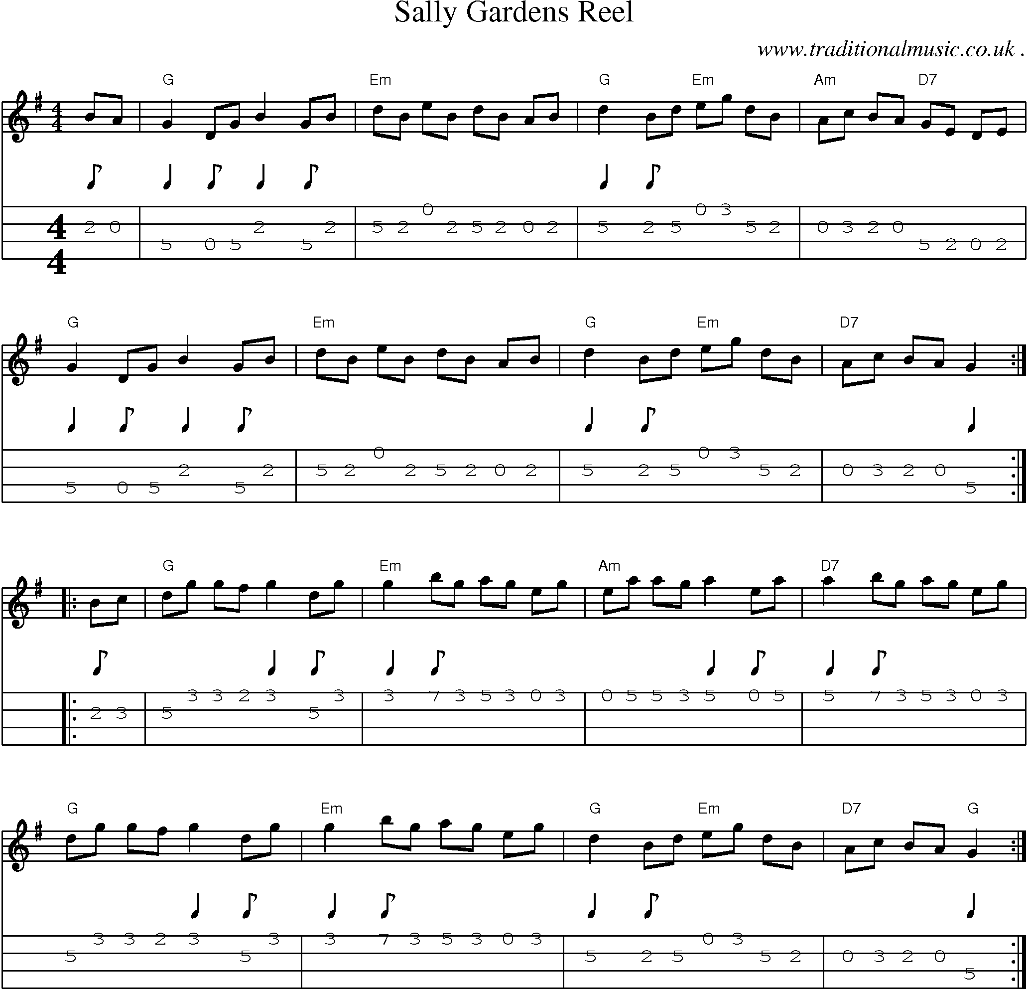 Music Score and Guitar Tabs for Sally Gardens Reel