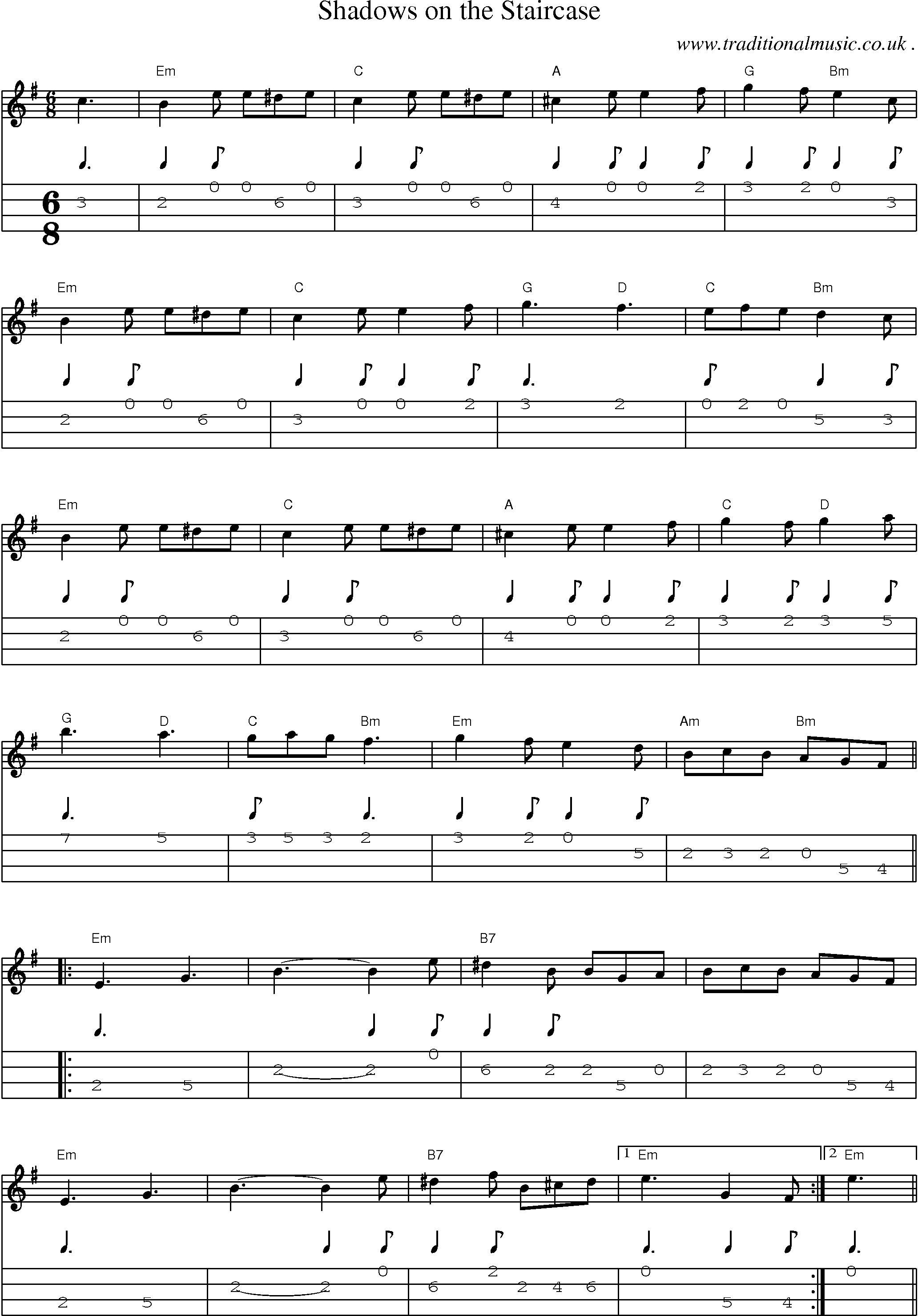 Music Score and Guitar Tabs for Shadows On The Staircase