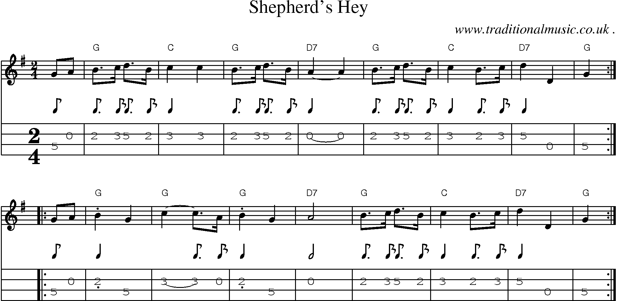 Music Score and Guitar Tabs for Shepherds Hey