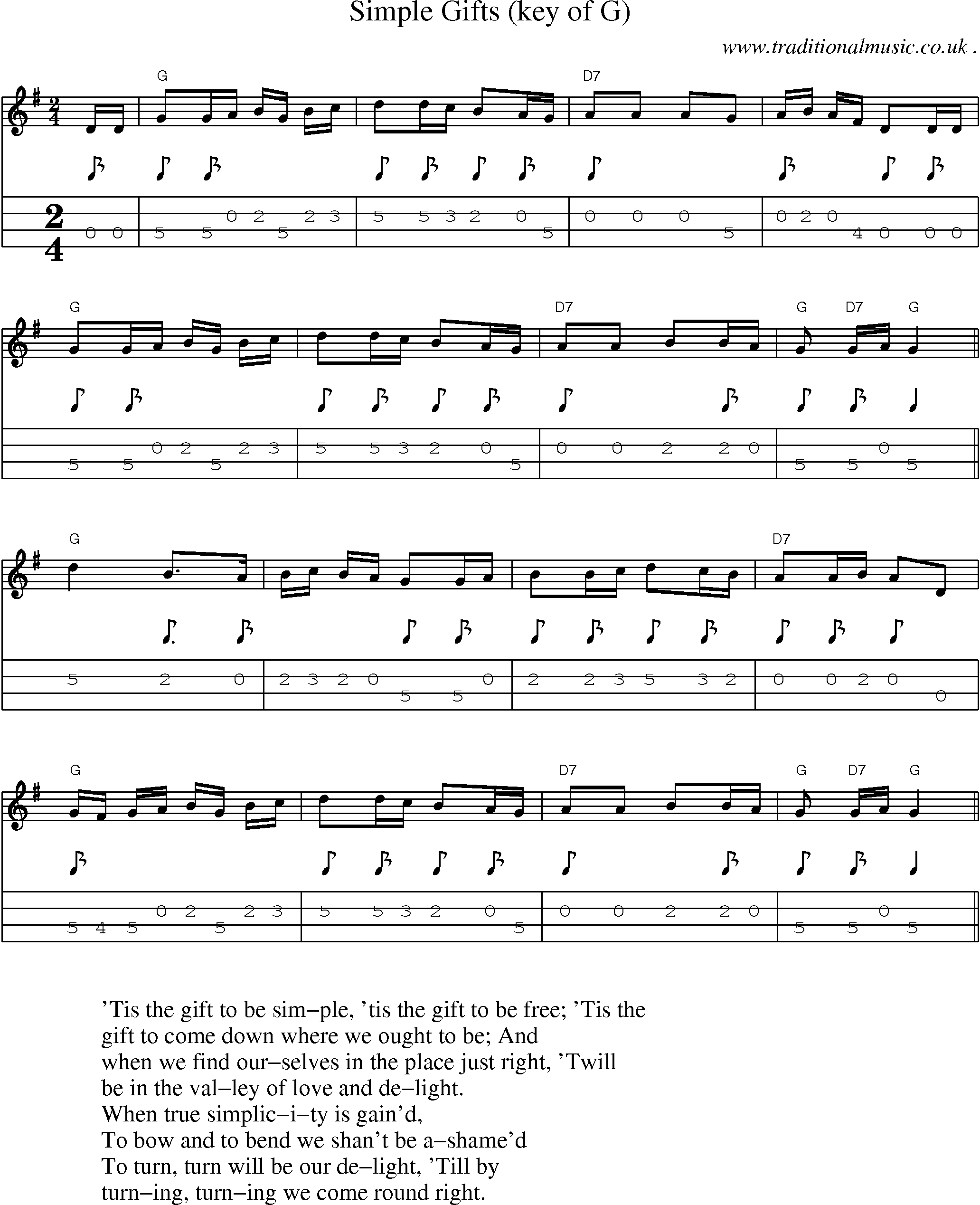 Music Score and Guitar Tabs for Simple Gifts (keyG)