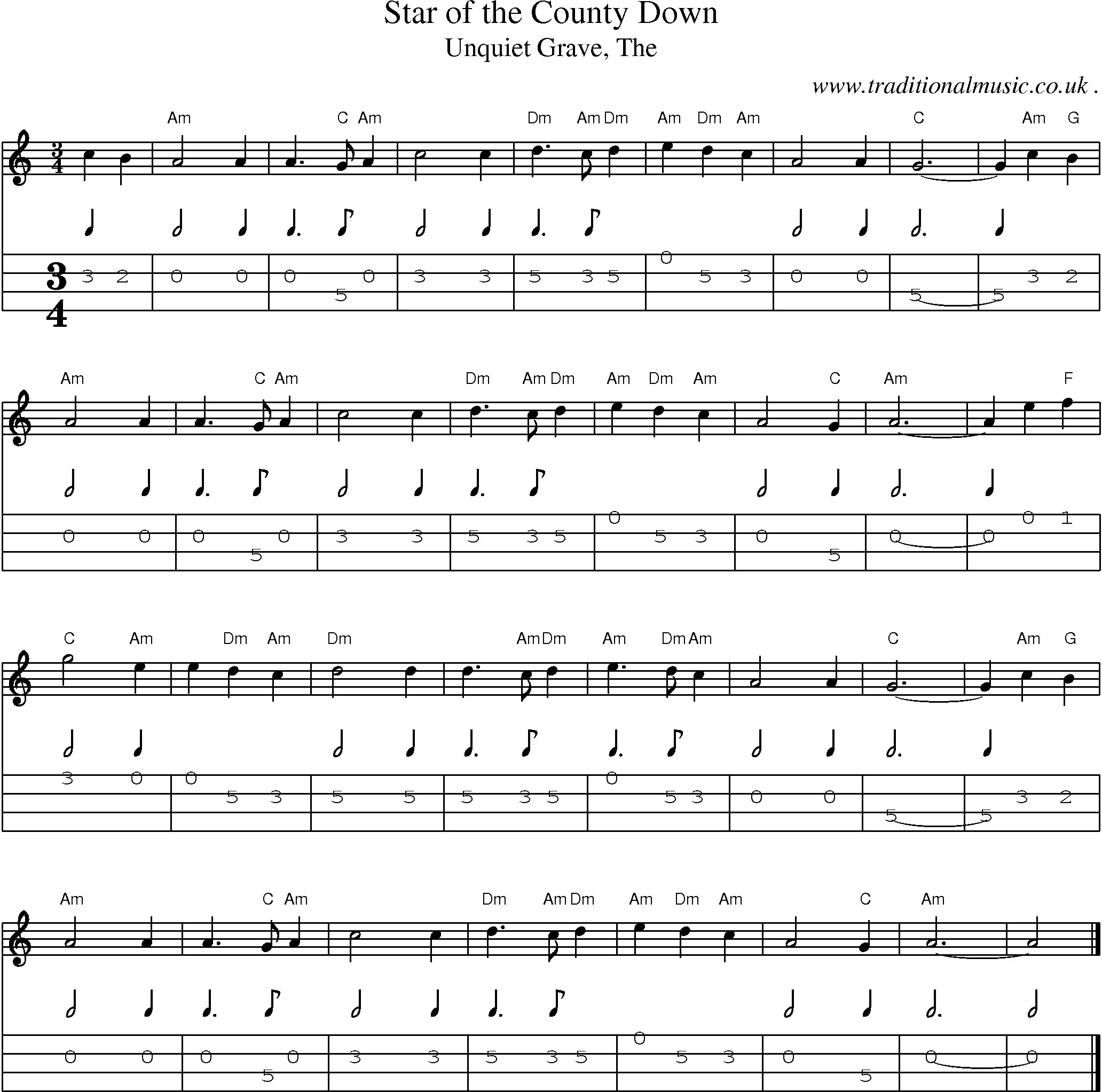 Music Score and Guitar Tabs for Star Of The County Down