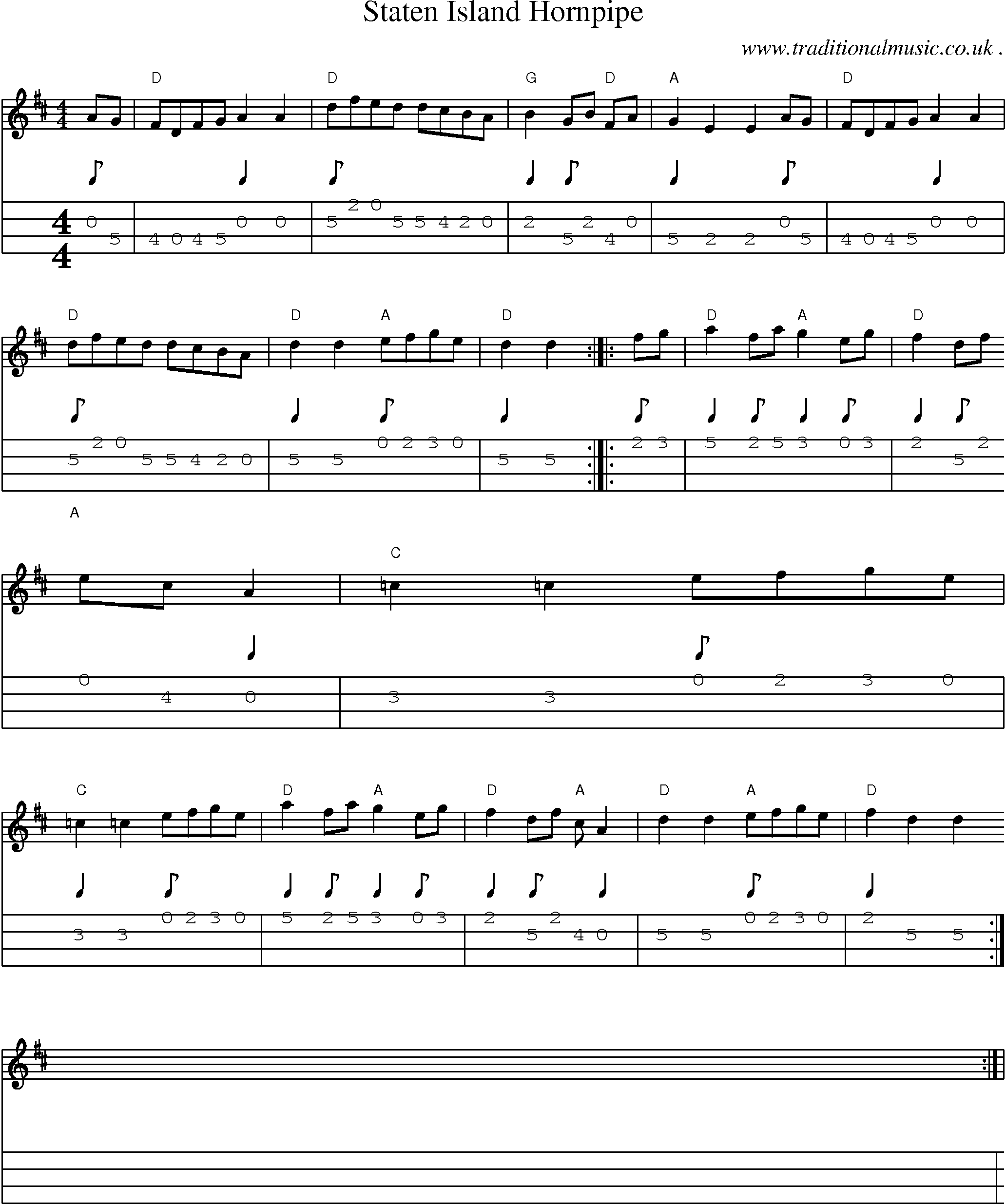 Music Score and Guitar Tabs for Staten Island Hornpipe