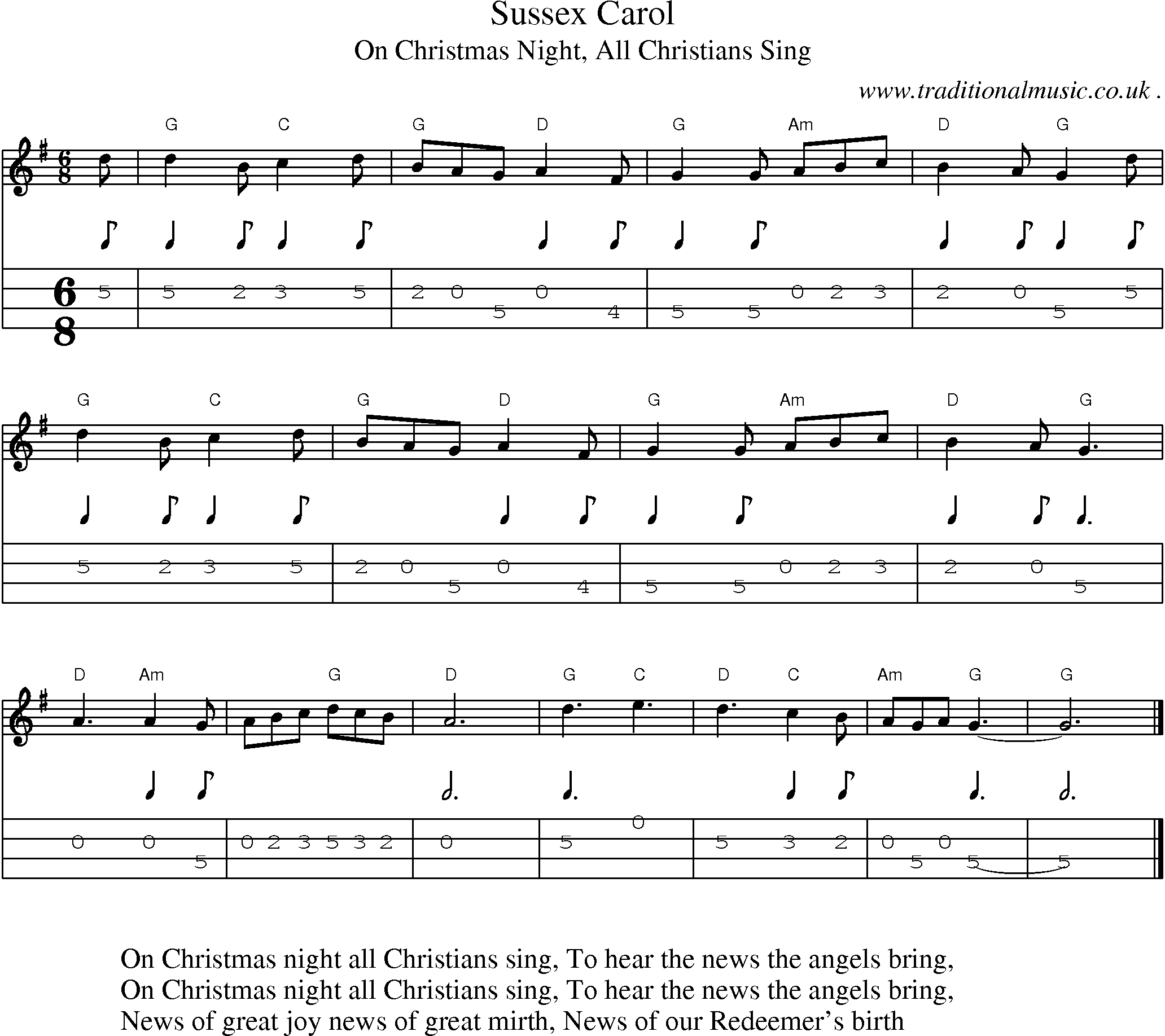 Music Score and Guitar Tabs for Sussex Carol