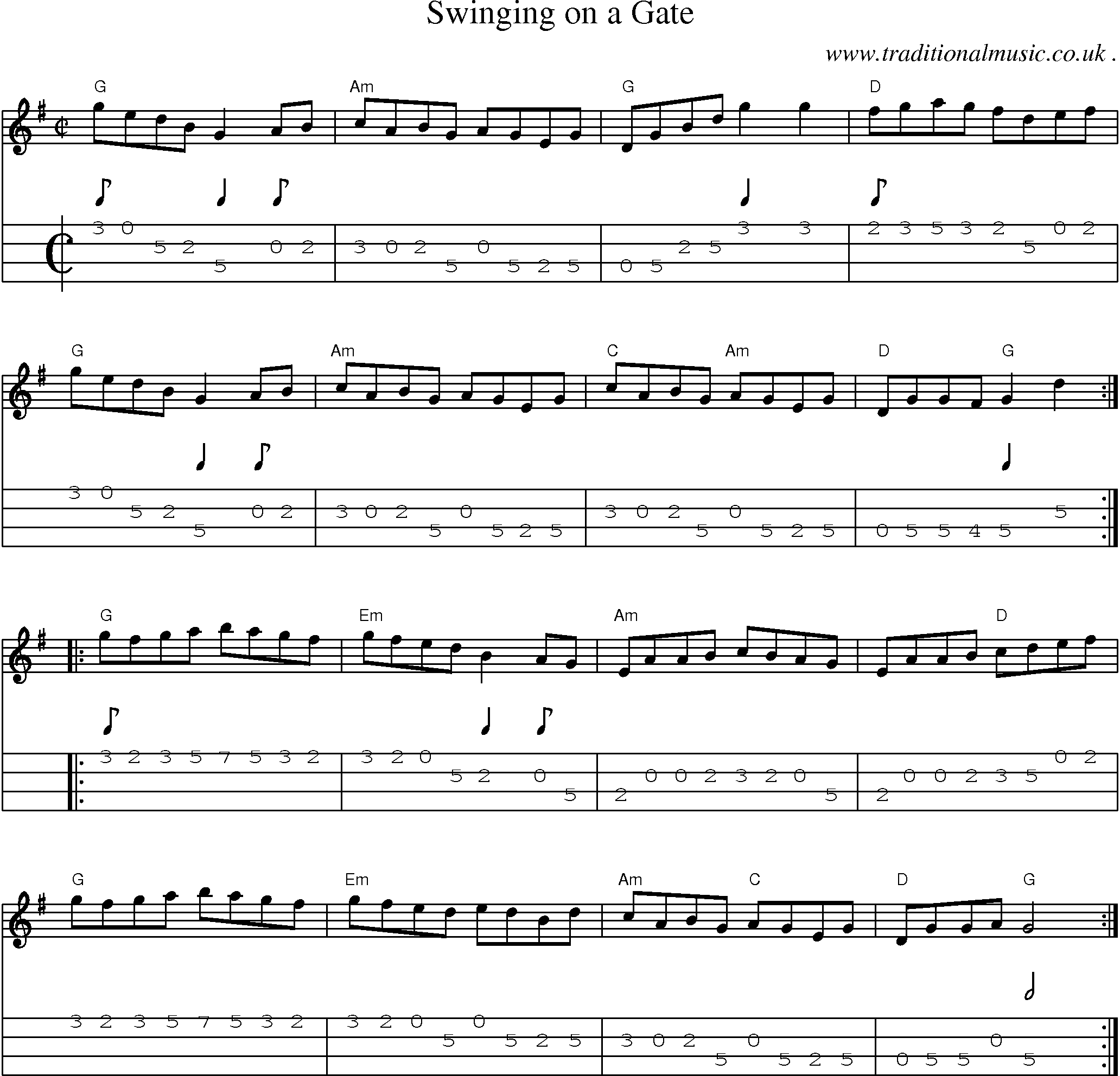 Music Score and Guitar Tabs for Swinging On A Gate