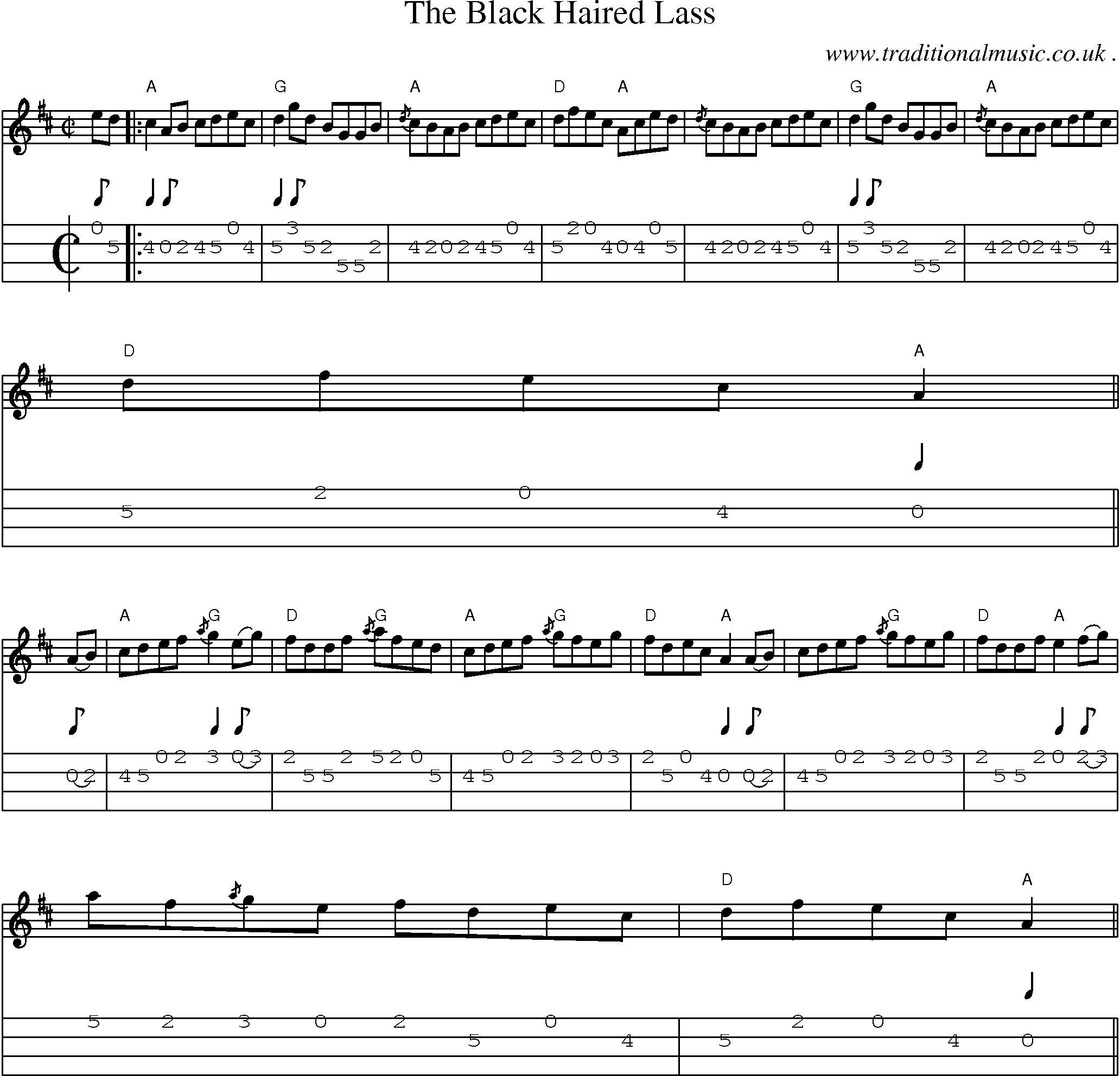 Music Score and Guitar Tabs for The Black Haired Lass
