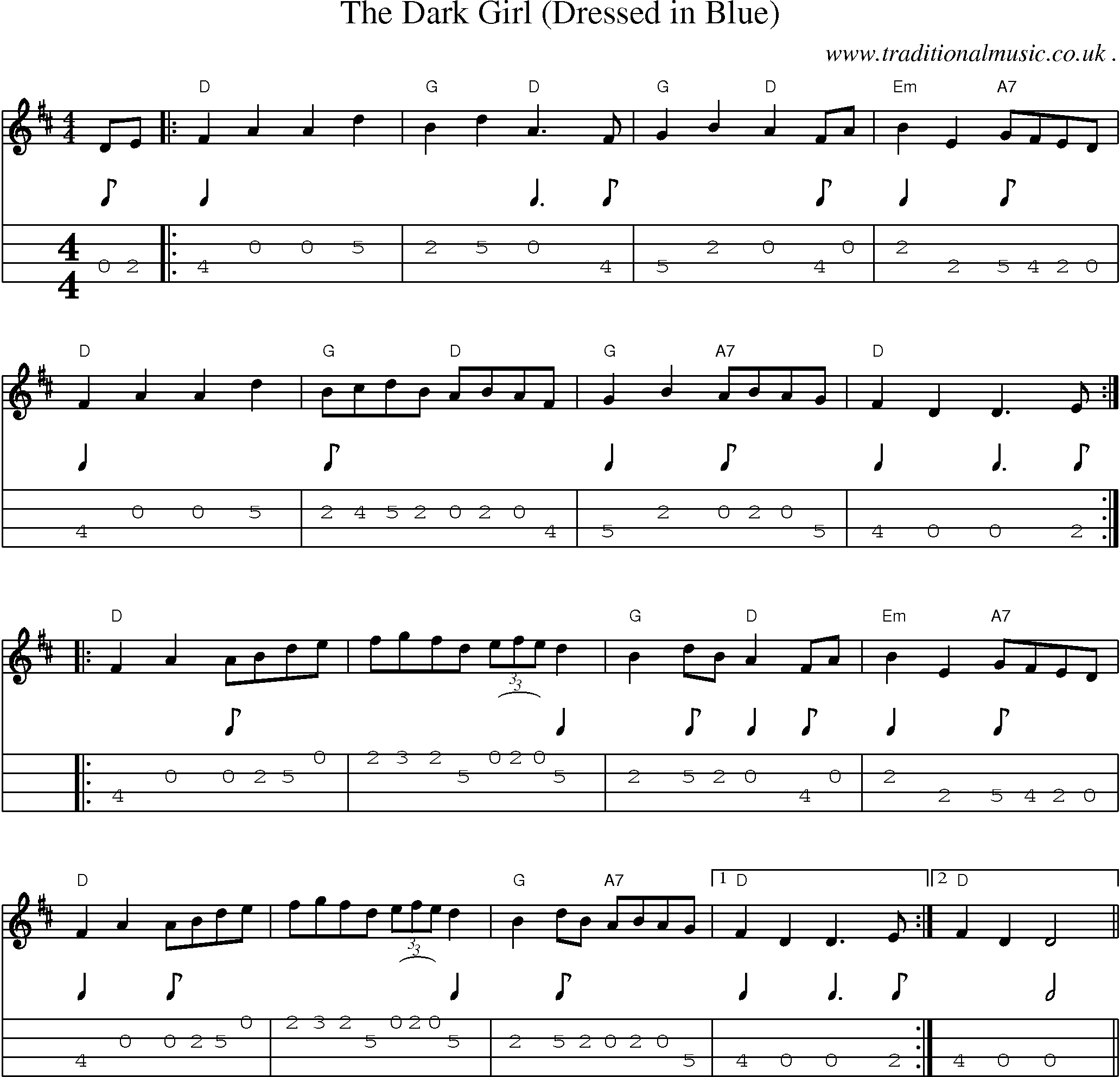 Music Score and Guitar Tabs for The Dark Girl (dressed In Blue)