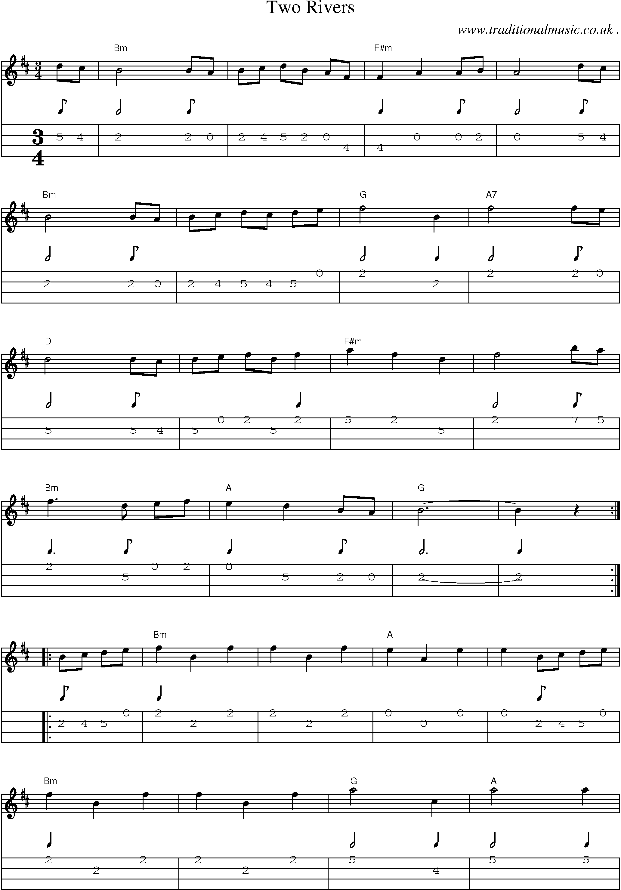 Music Score and Guitar Tabs for Two Rivers