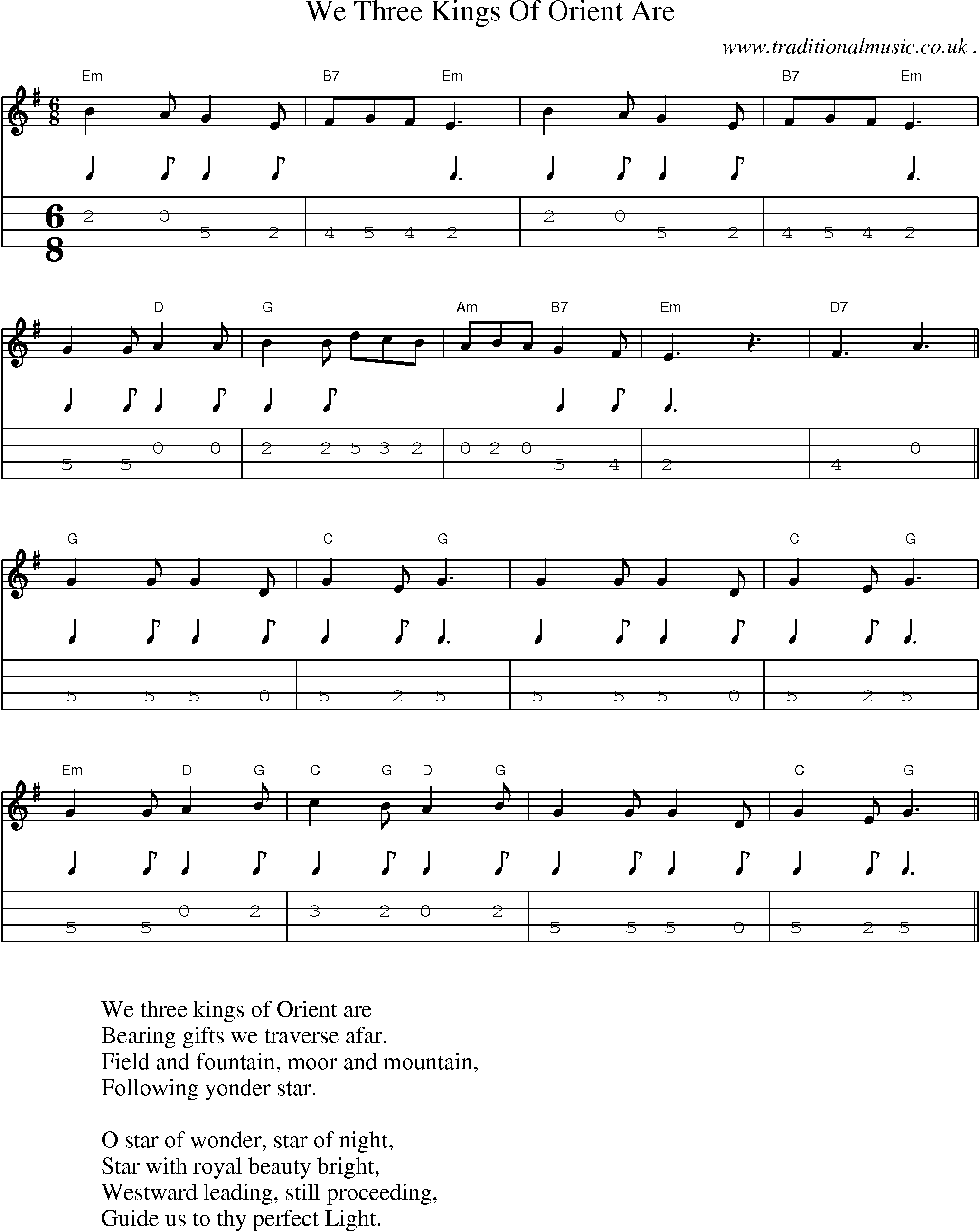 Music Score and Guitar Tabs for We Three Kings Of Orient Are