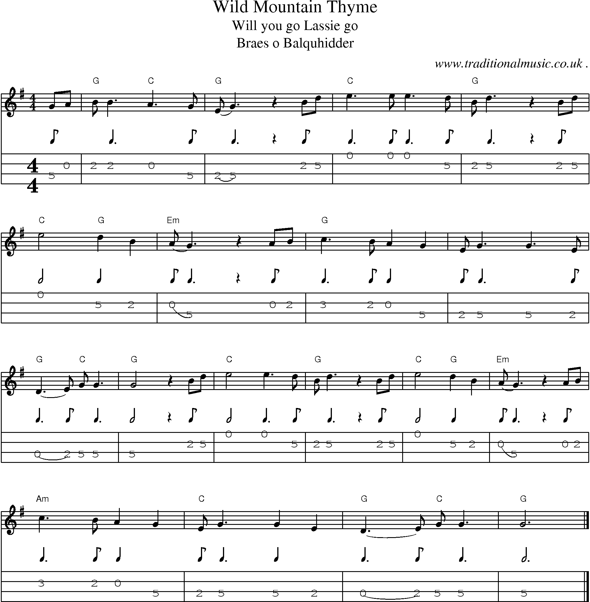 Music Score and Guitar Tabs for Wild Mountain Thyme